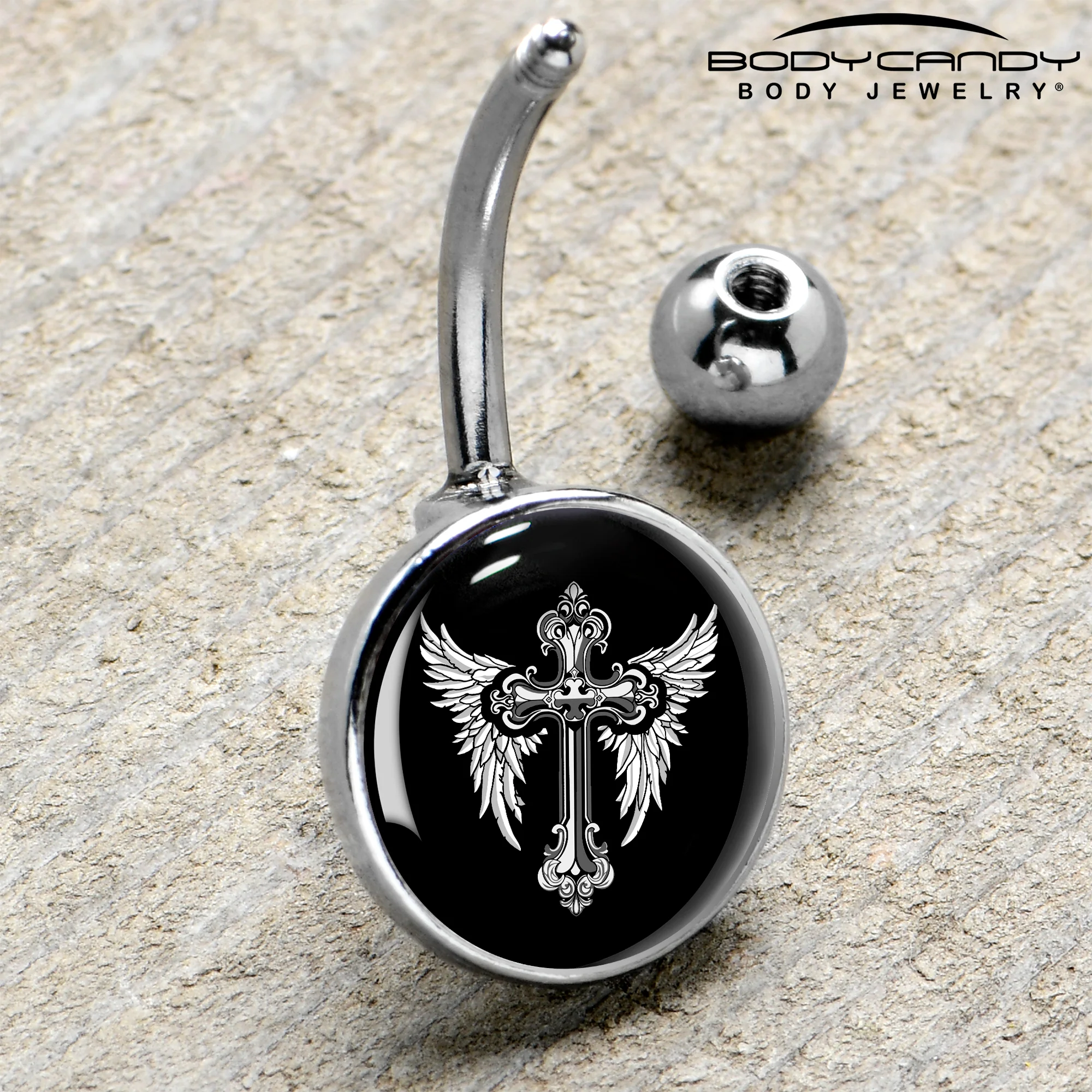 Black White Winged Cross Belly Ring by Onyx O - Image 4