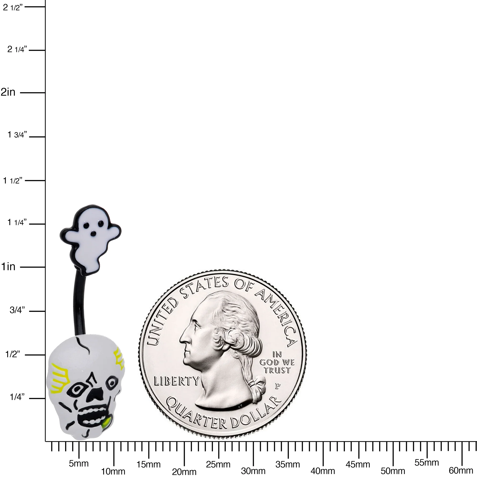 Black White Yellow Scary Skull Ghost Halloween Belly Ring - Image 2