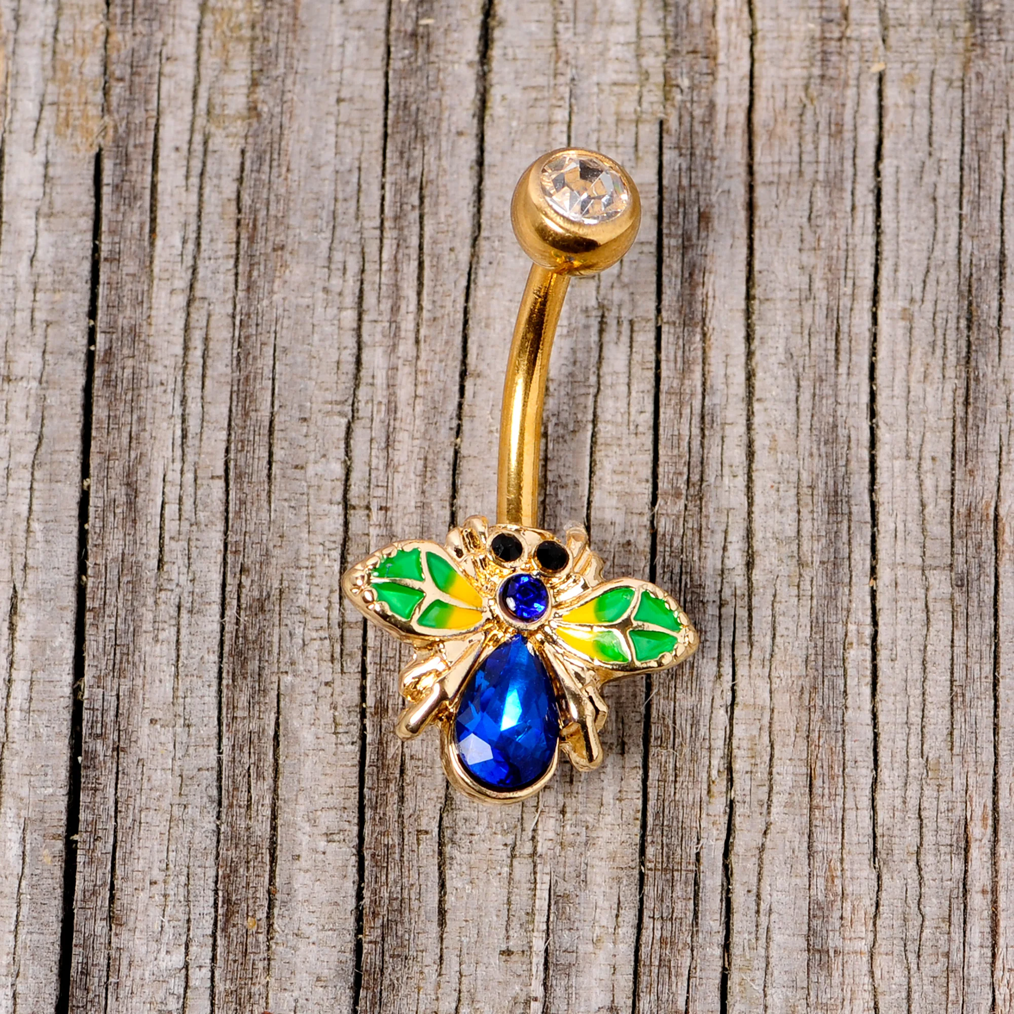 Blue Clear Gem Gold Tone Colorful Bee Belly Ring - Image 3