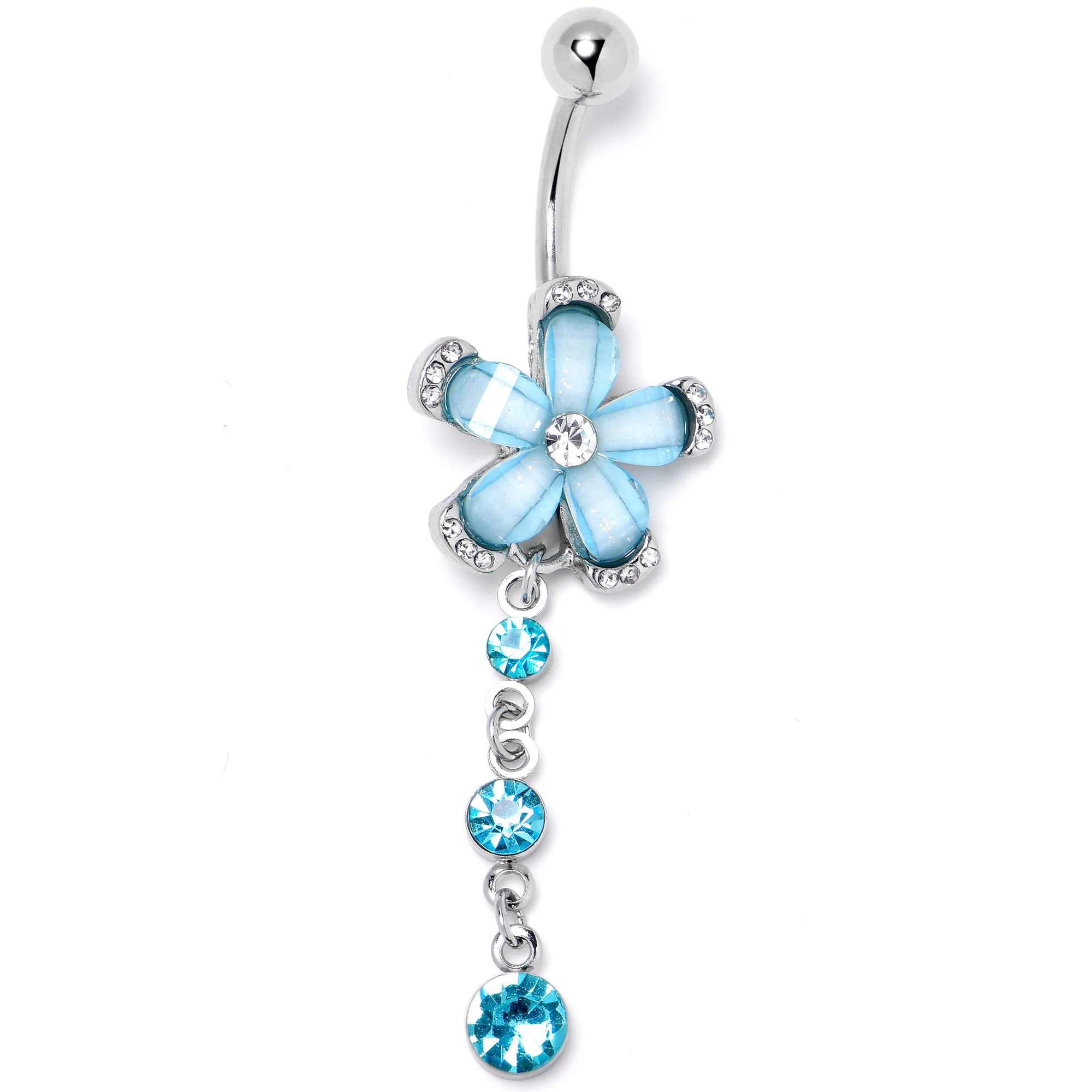 Blue Clear Gem Retro Flower Glamour Dangle Belly Ring - Image 3