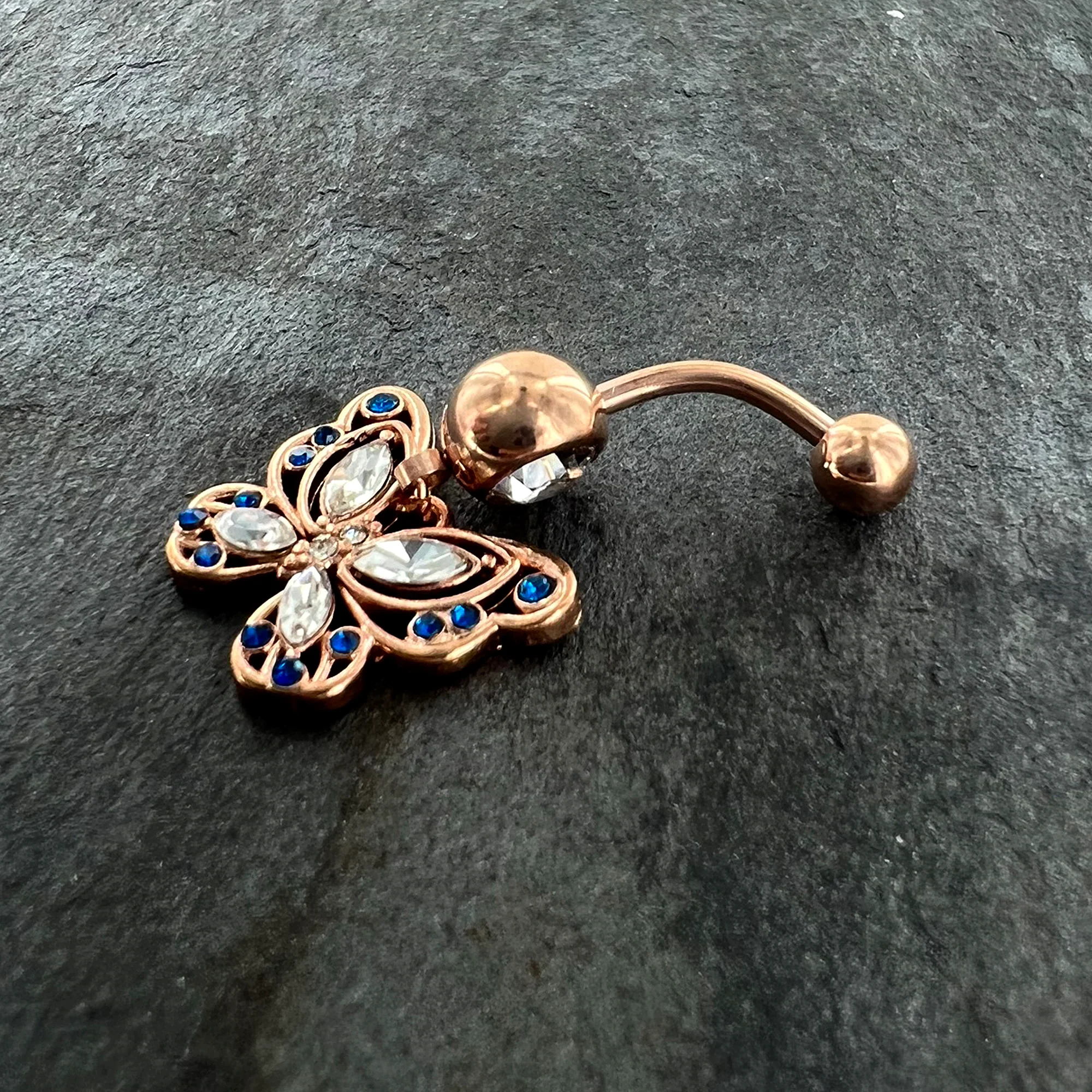 Blue Clear Gem Rose Gold Tone Butterfly Wings Dangle Belly Ring - Image 6
