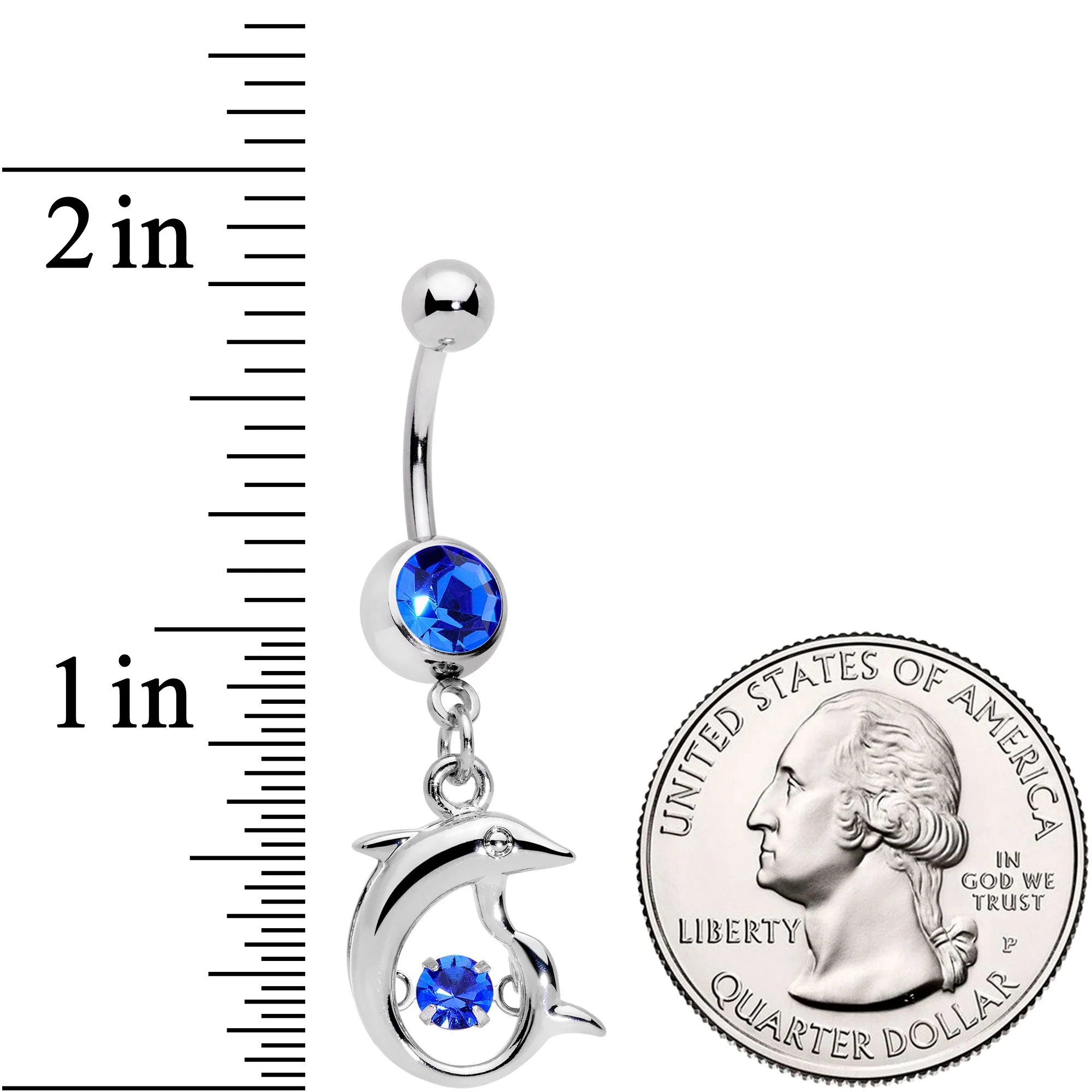 Blue CZ Gem Abstract Dancing Dolphin Dangle Belly Ring - Image 3