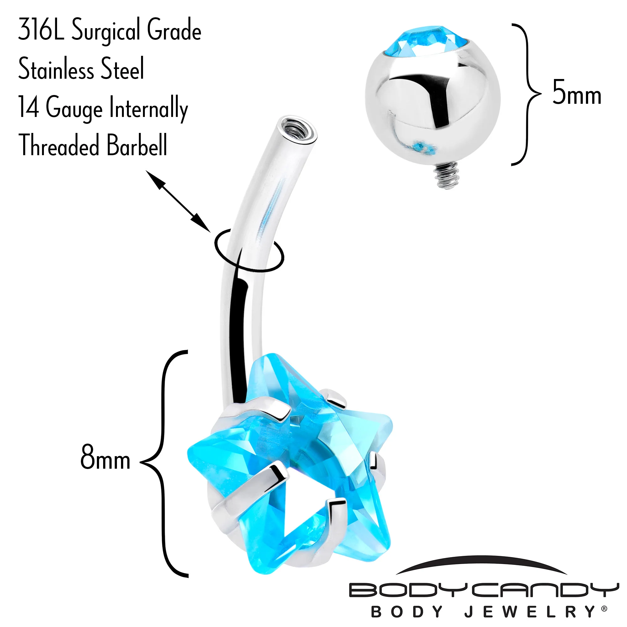 Blue CZ Gem Internally Threaded Simply Star Belly Ring - Image 4