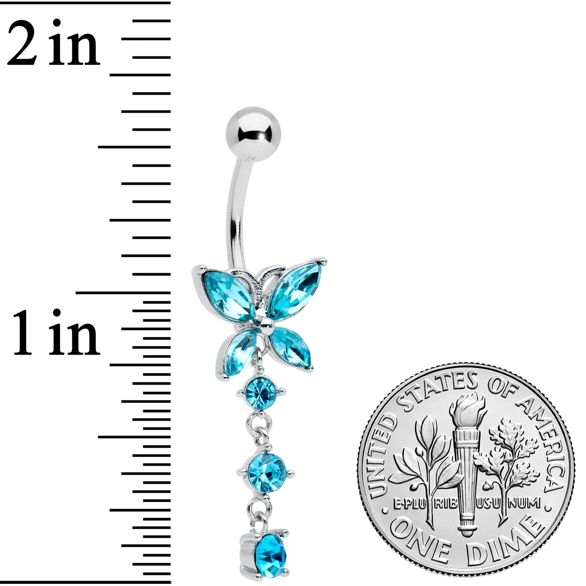Blue CZ Gem Open Wing Butterfly Dangle Belly Ring - Image 2