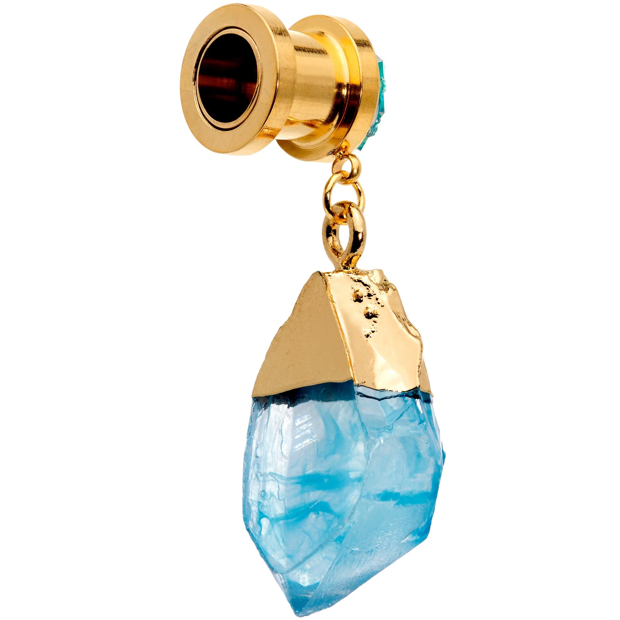 Blue Faux Druzy Quartz Gold Tone Dangle Screw Fit Plug Set 8mm to 16mm - Image 5