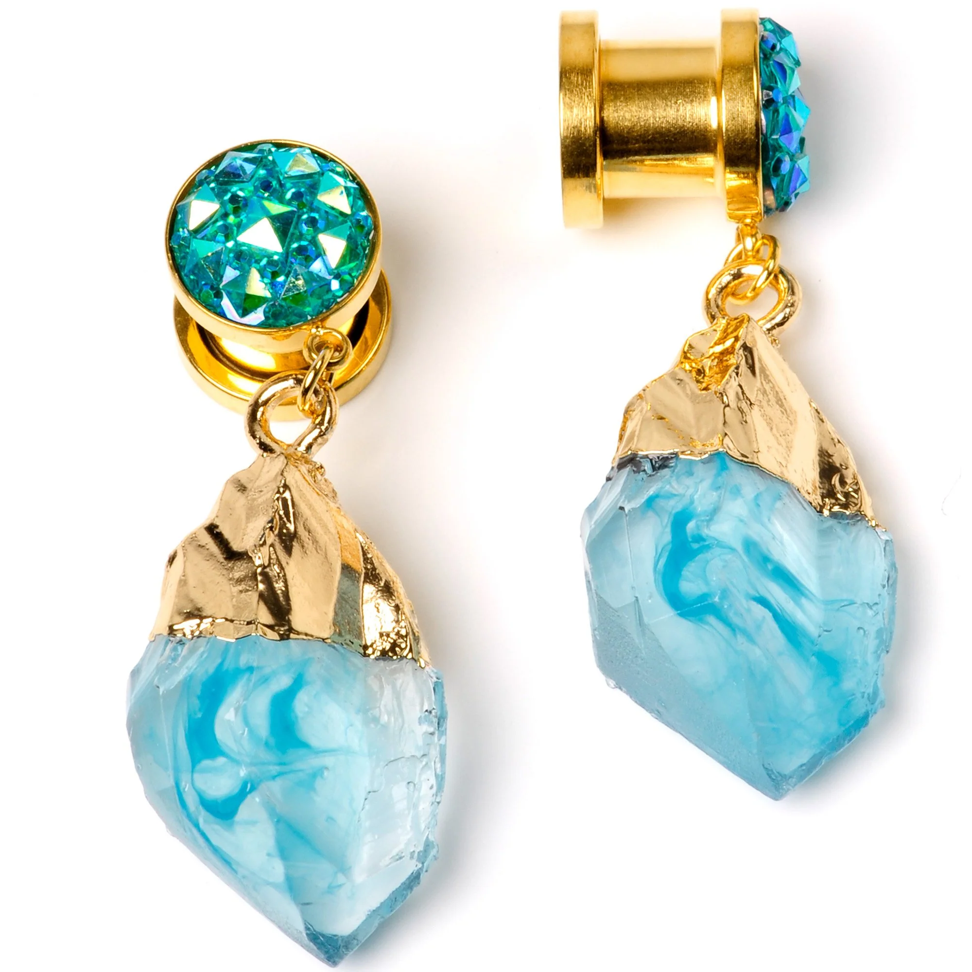 Blue Faux Druzy Quartz Gold Tone Dangle Screw Fit Plug Set 8mm to 16mm - Image 6