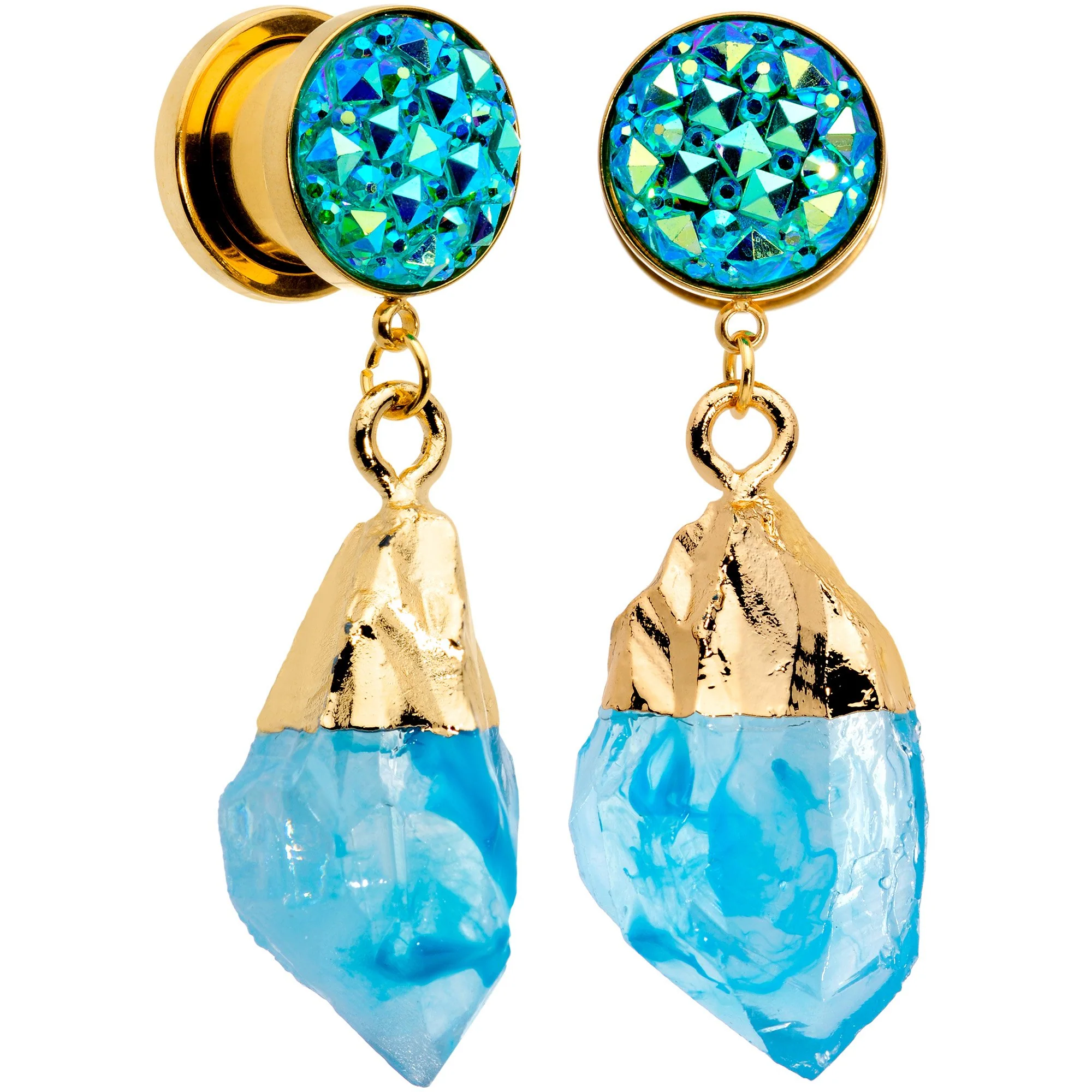 Blue Faux Druzy Quartz Gold Tone Dangle Screw Fit Plug Set 8mm to 16mm - Image 7