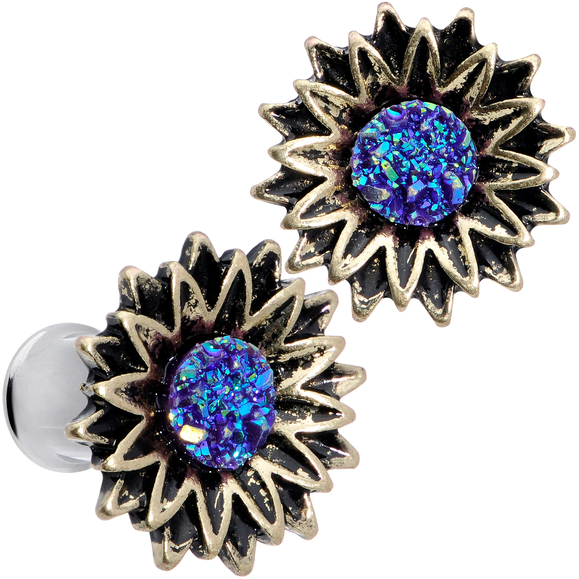 Blue Faux Druzy Sunburst Flower Double Flare Plug Set 2G to 1" - Image 16