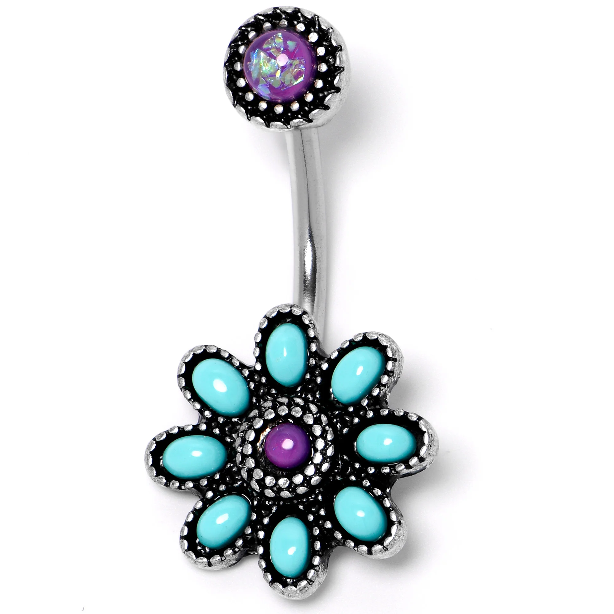 Blue Faux Opal Flower Teal Petals Double Mount Belly Ring - Image 3