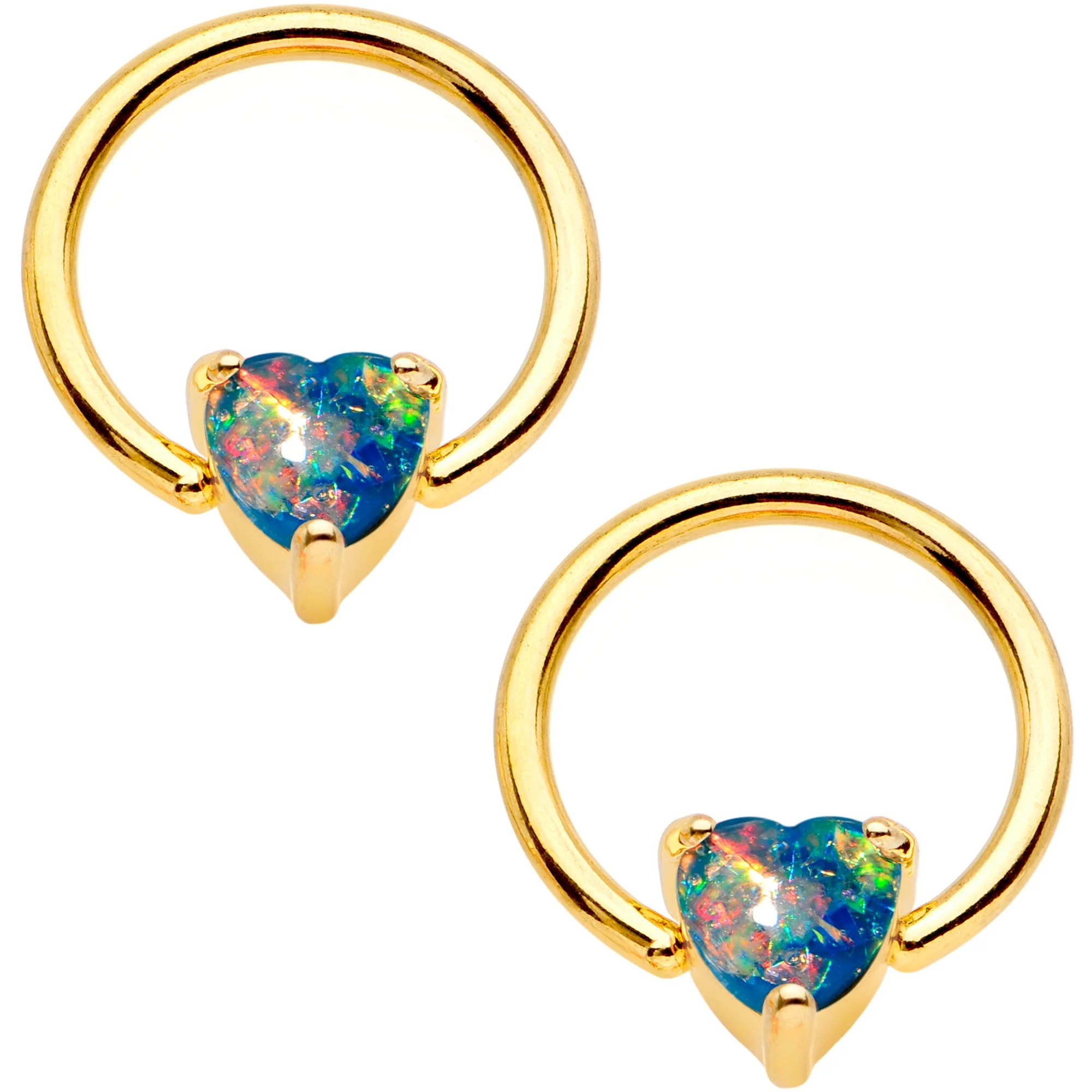 14G Blue Faux Opal Heart Captive Ring Barbell Nipple Ring Set - Image 2