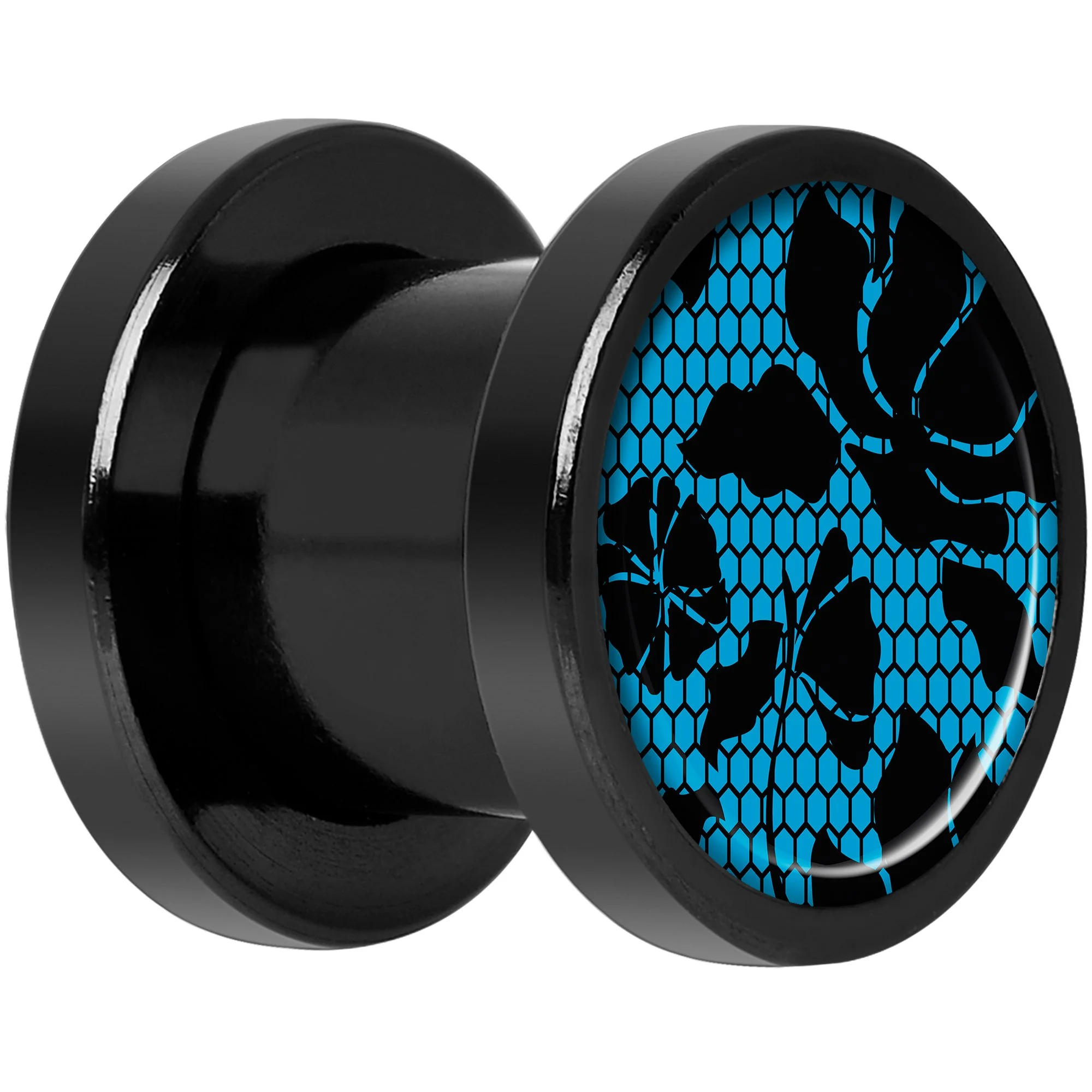 Blue Floral Lace Black Anodized Screw Fit Plug Set 0G - Image 2