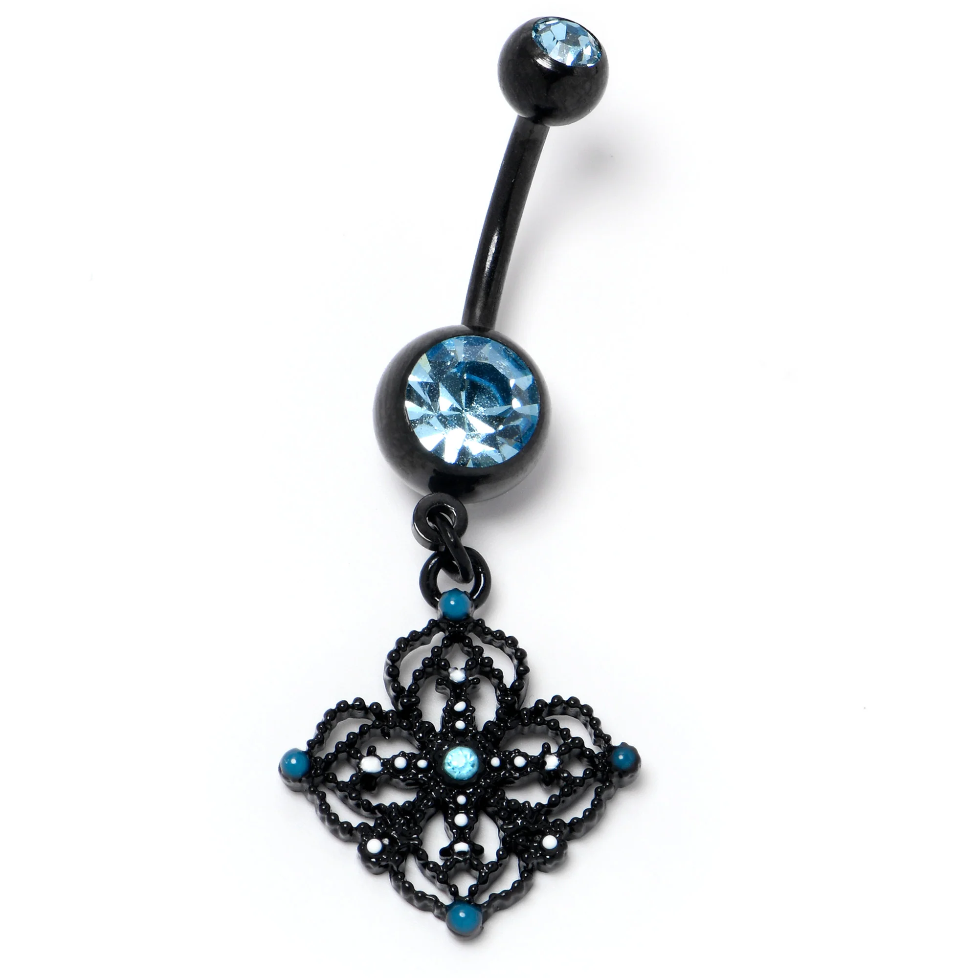 Blue Gem Black Lacy Rhombus Dangle Belly Ring - Image 4