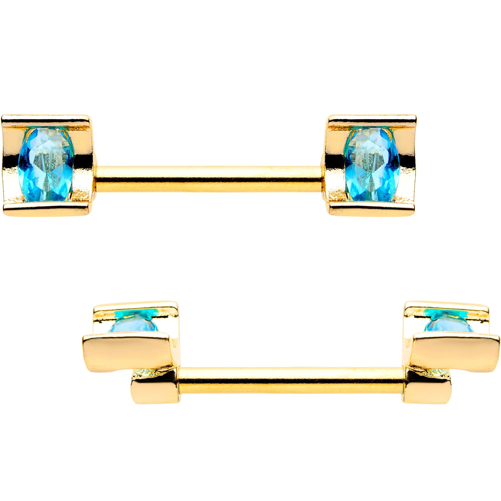 14G Blue Gem Gold Tone Sccop Captive Ring Barbell Nipple Ring Set - Image 3