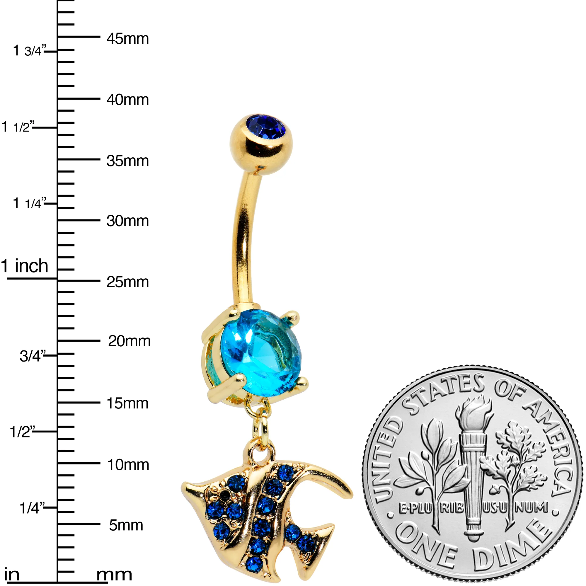 Blue Gem Gold Tone Adorable Angelfish Dangle Belly Ring - Image 2