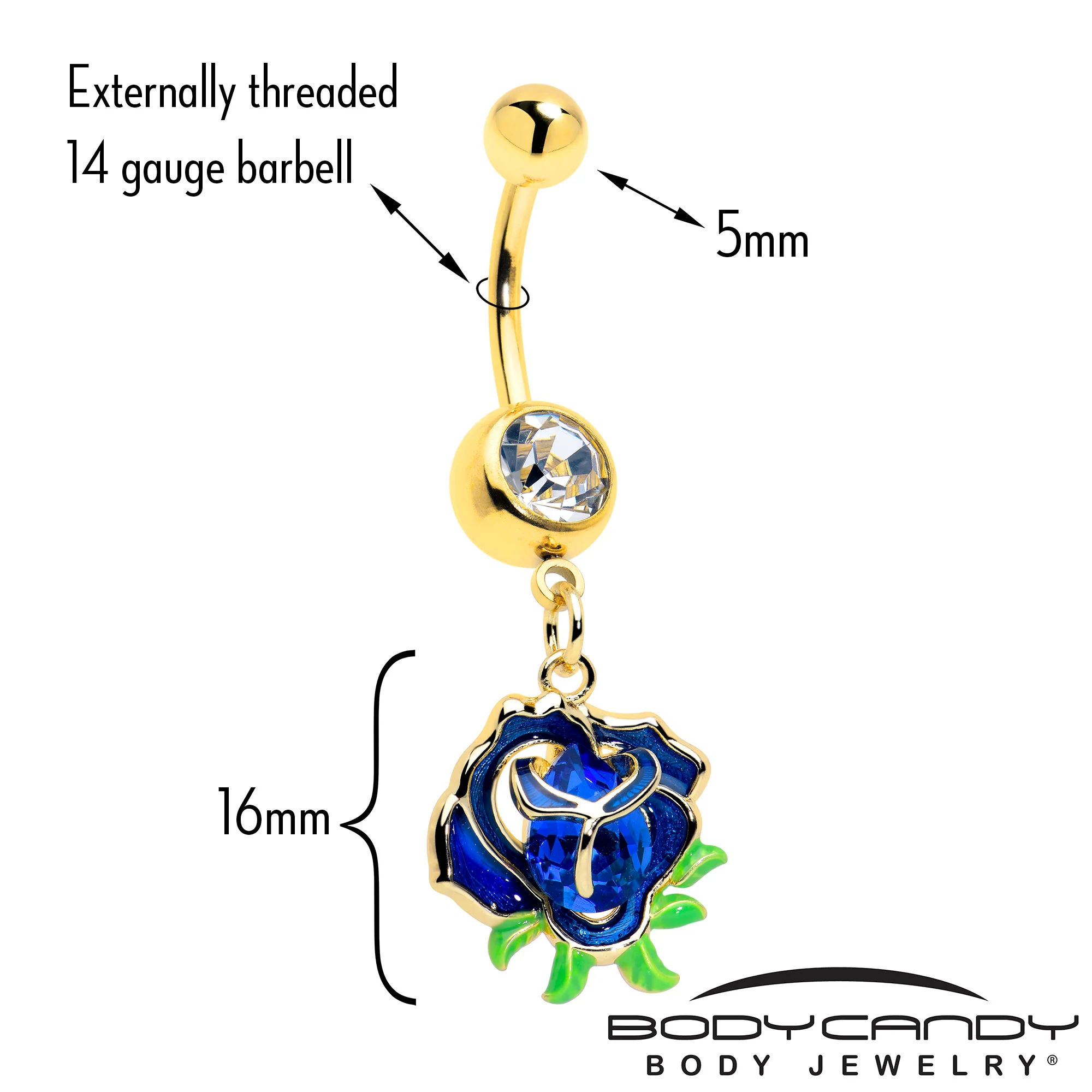 Blue Gem Gold Tone Deep Blue Flower Dangle Belly Ring - Image 2