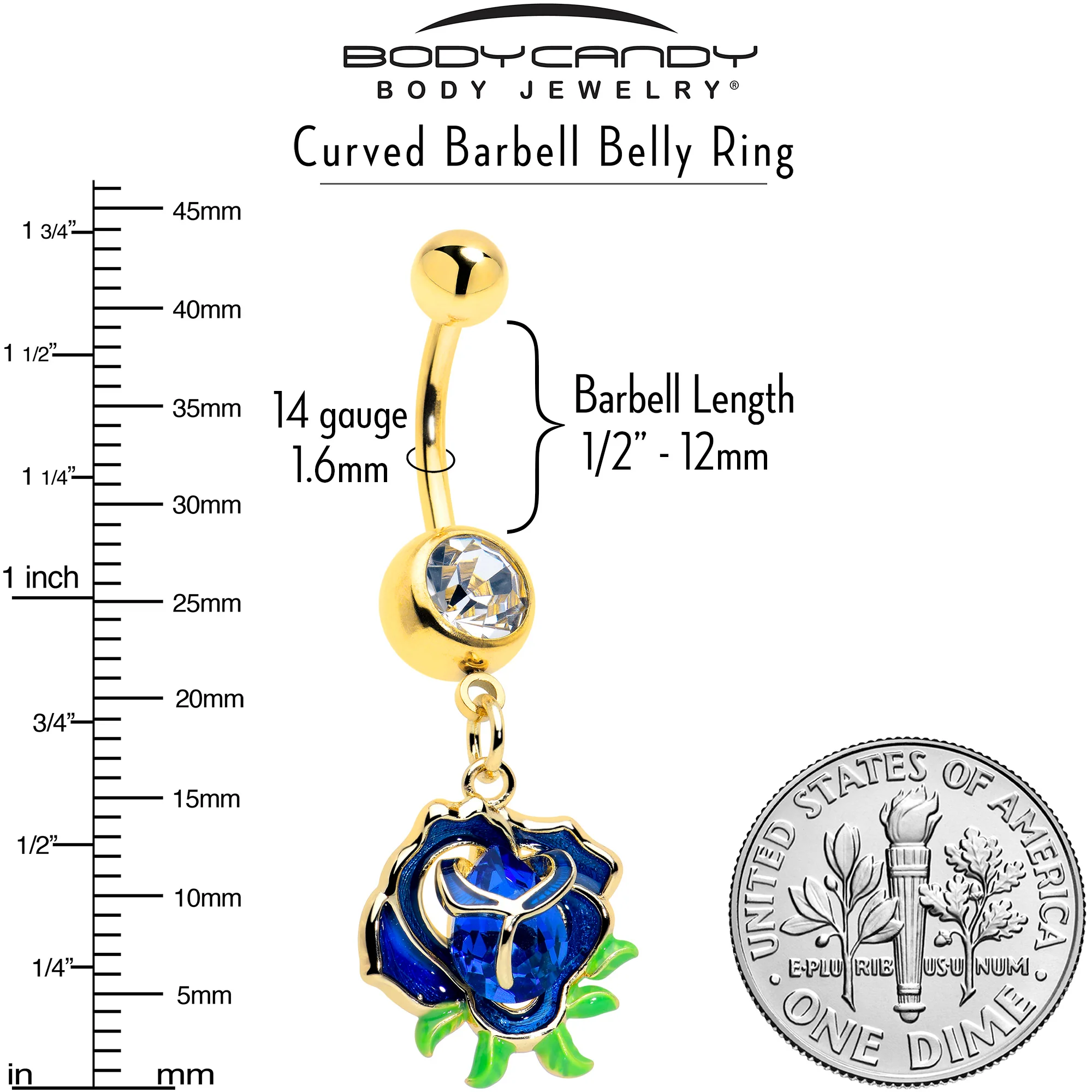 Blue Gem Gold Tone Deep Blue Flower Dangle Belly Ring - Image 3