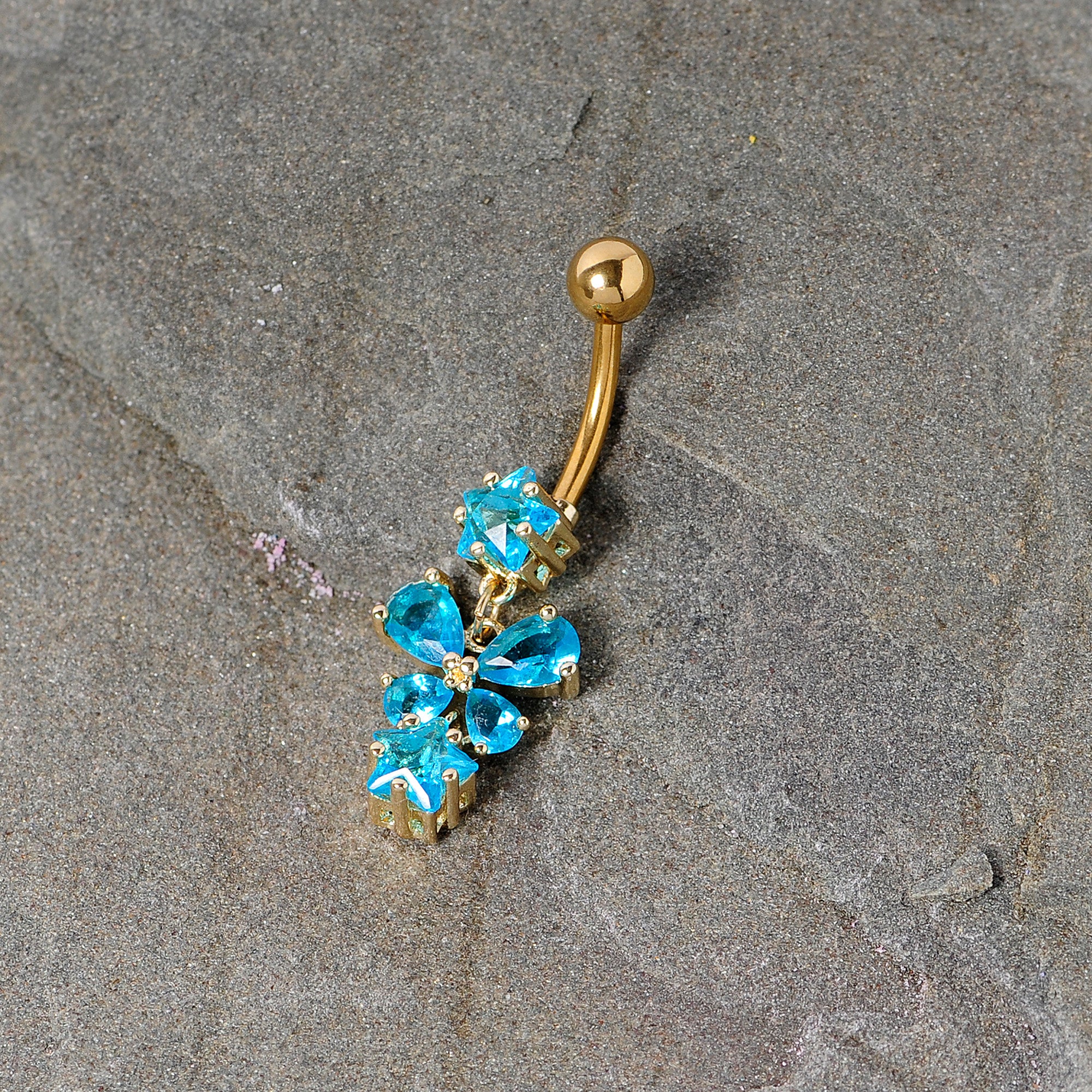 Blue Gem Gold Tone Star and Bow Dangle Belly Ring - Image 2