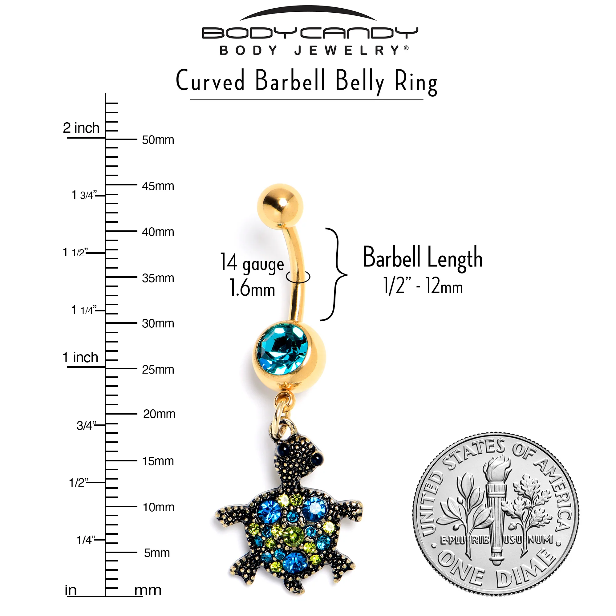 Blue Gem Gold Tone Sweet Sea Turtle Dangle Belly Ring - Image 3