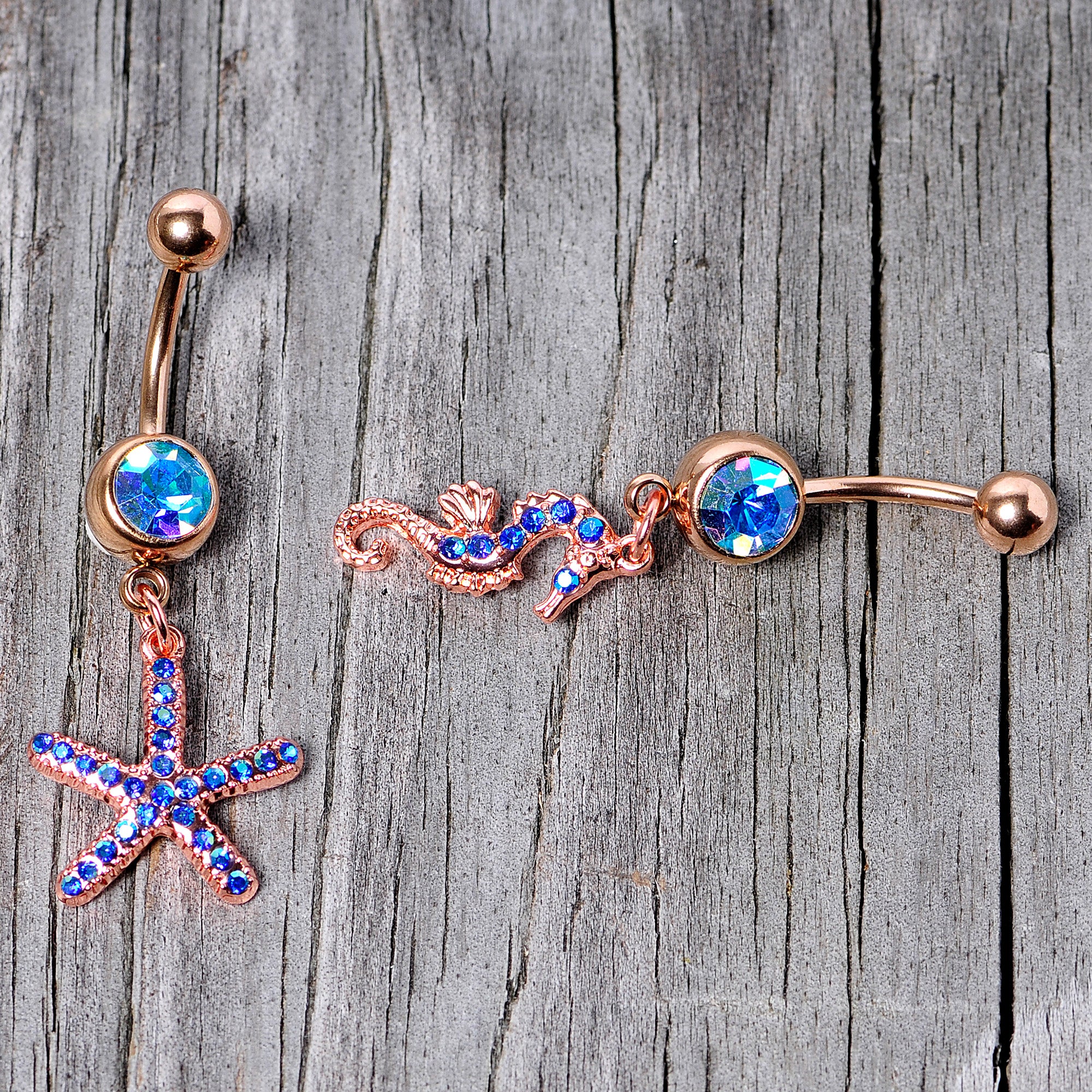 Blue Gem Rose Gold Tone Starfish Seahorse Nautical Belly Ring Set of 2 - Image 4