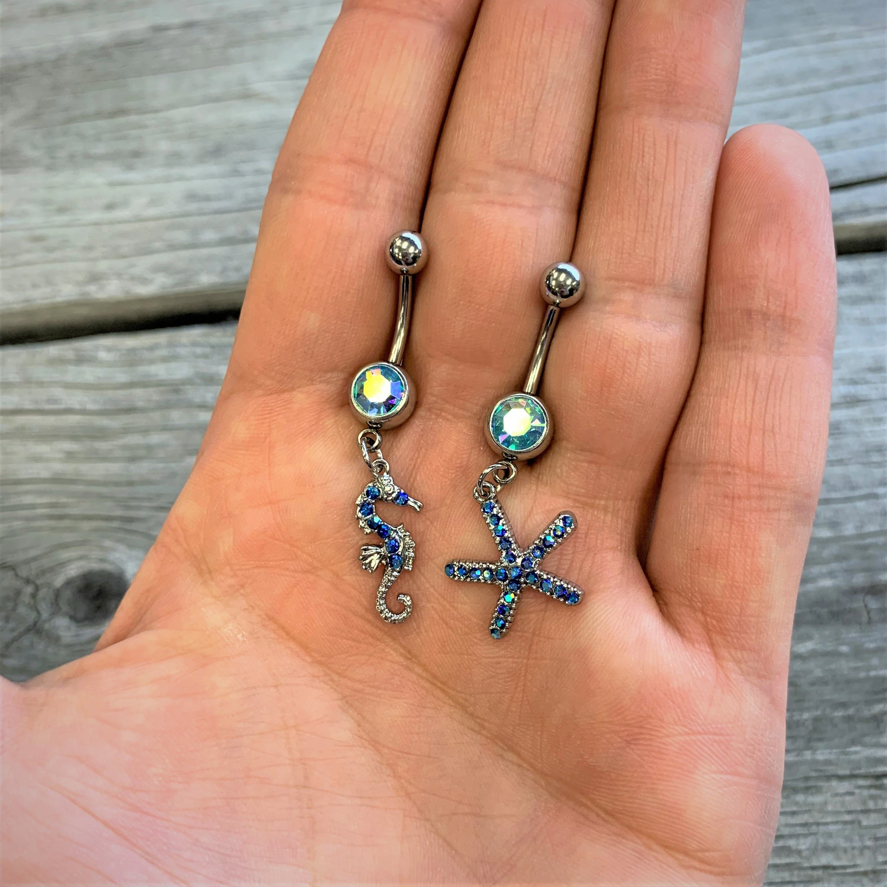 Blue Gem Starfish Seahorse Nautical Dangle Belly Ring Set of 2 - Image 3