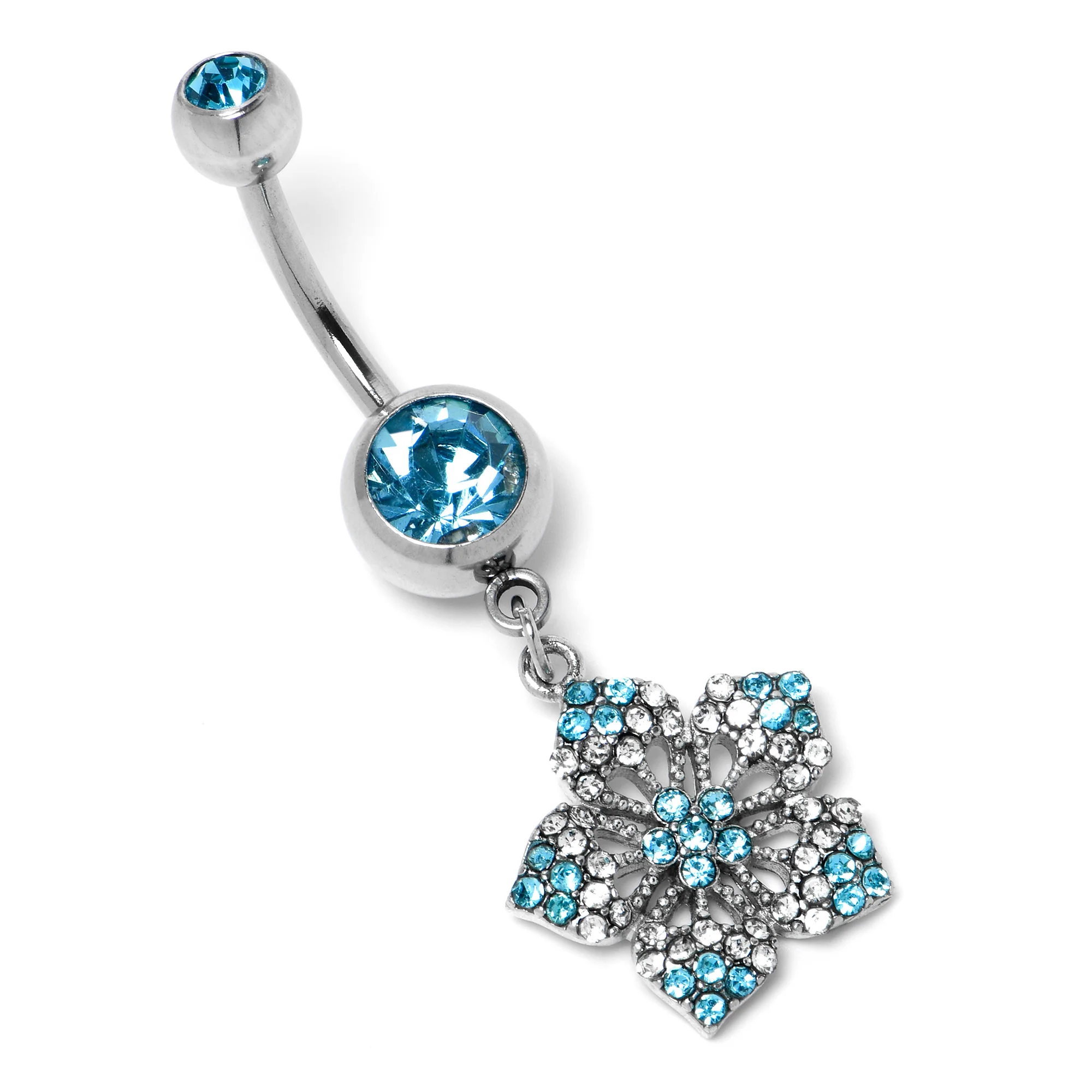 Blue Gem Twin Flower Dangle Belly Ring - Image 3