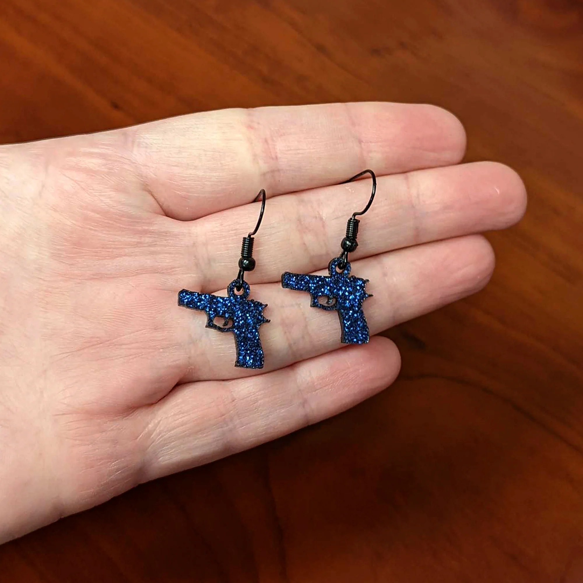 Blue Glitter Gun Fishhook Dangle Earrings - Image 3