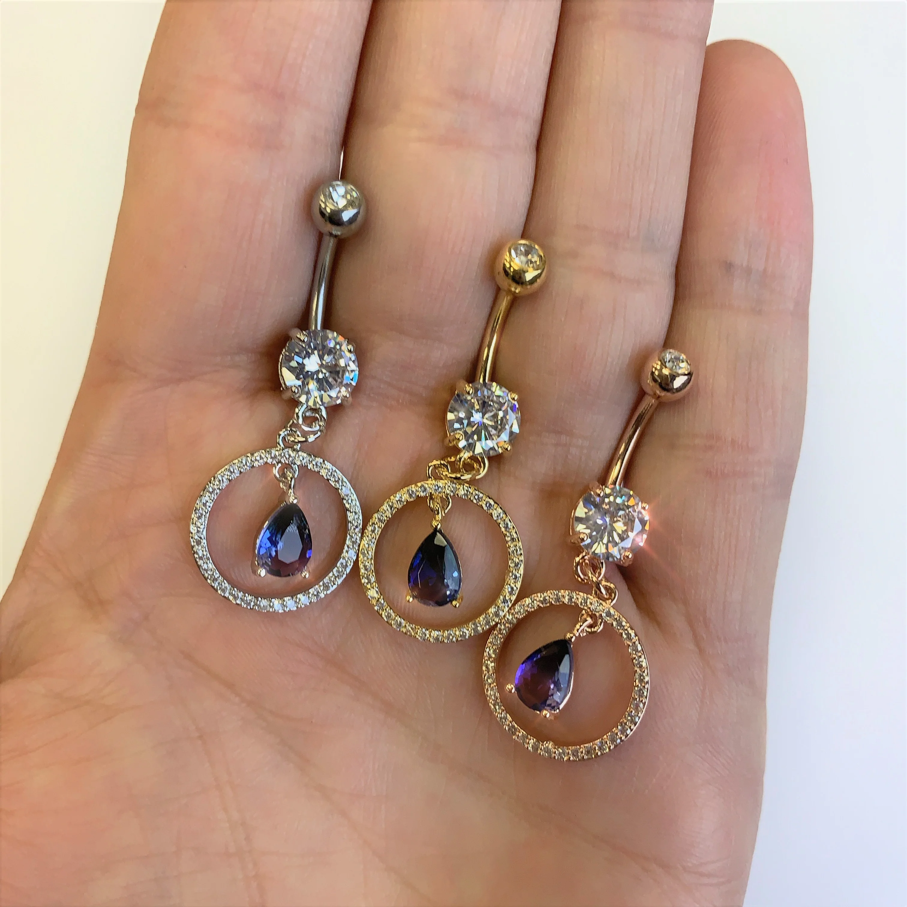 Blue Green CZ Gem Drop Loop Dangle Belly Ring - Image 3