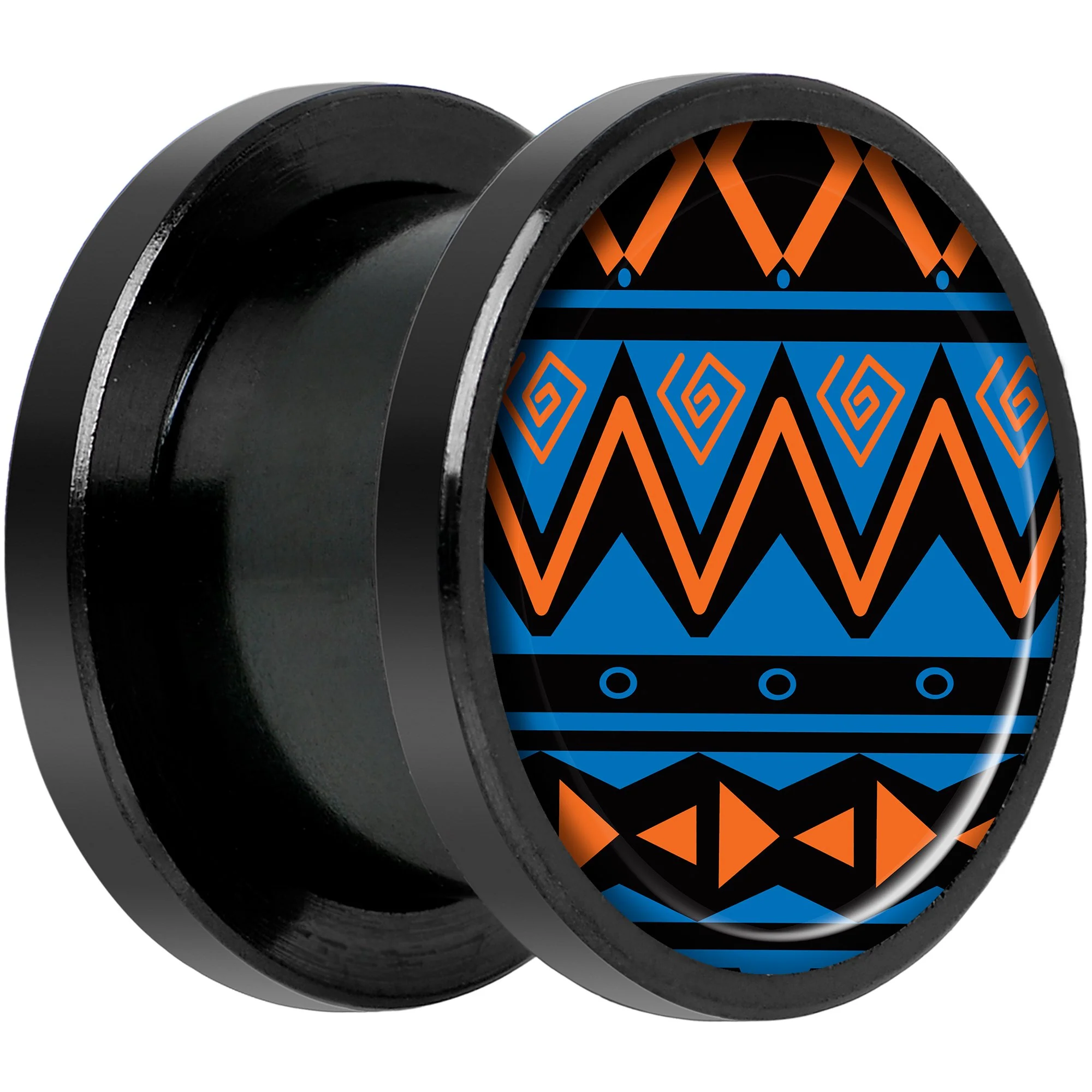 Blue Orange Tribal Print Black Anodized Screw Fit Plug Set 1/2 - Image 2