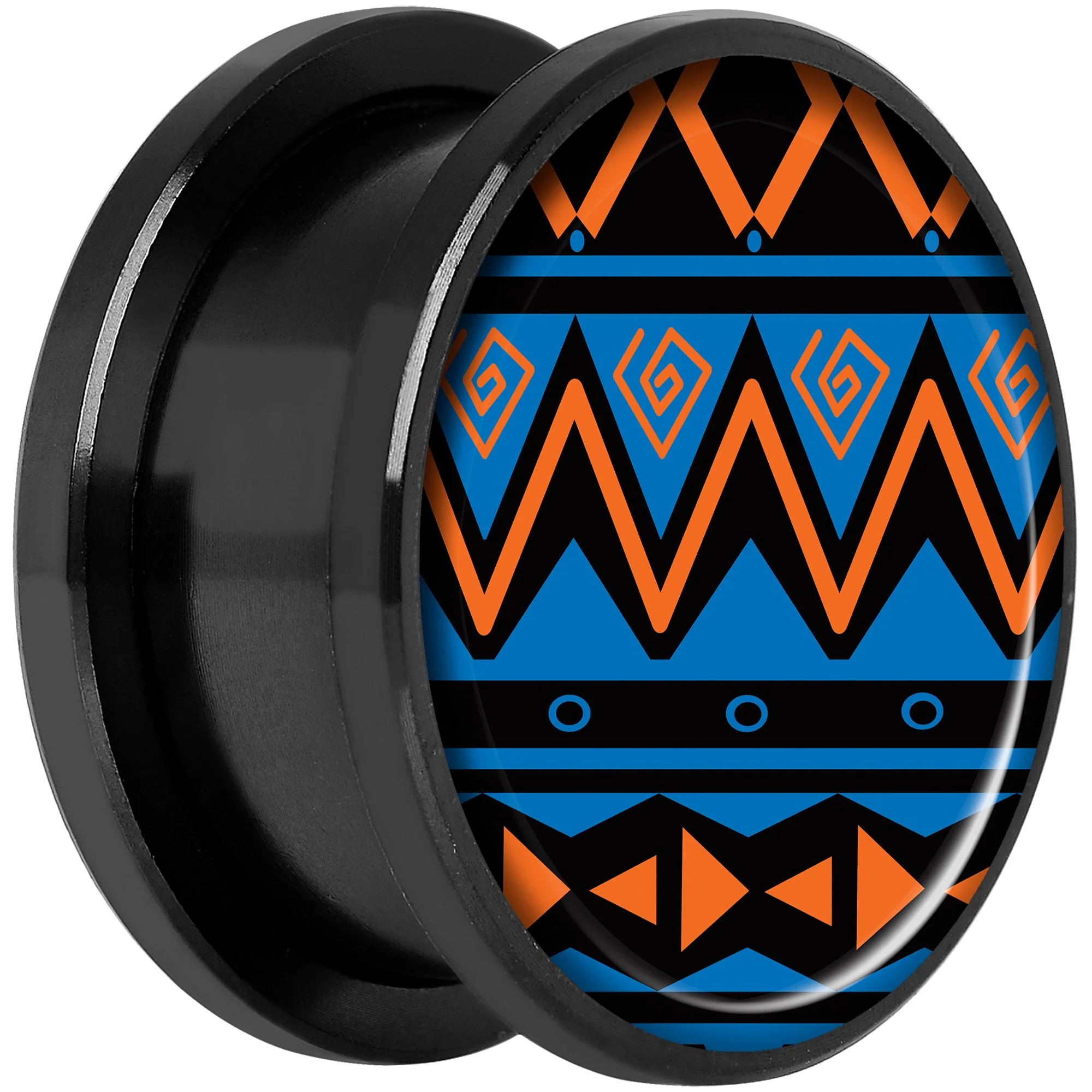 Blue Orange Tribal Print Black Anodized Screw Fit Plug Set 18mm - Image 2