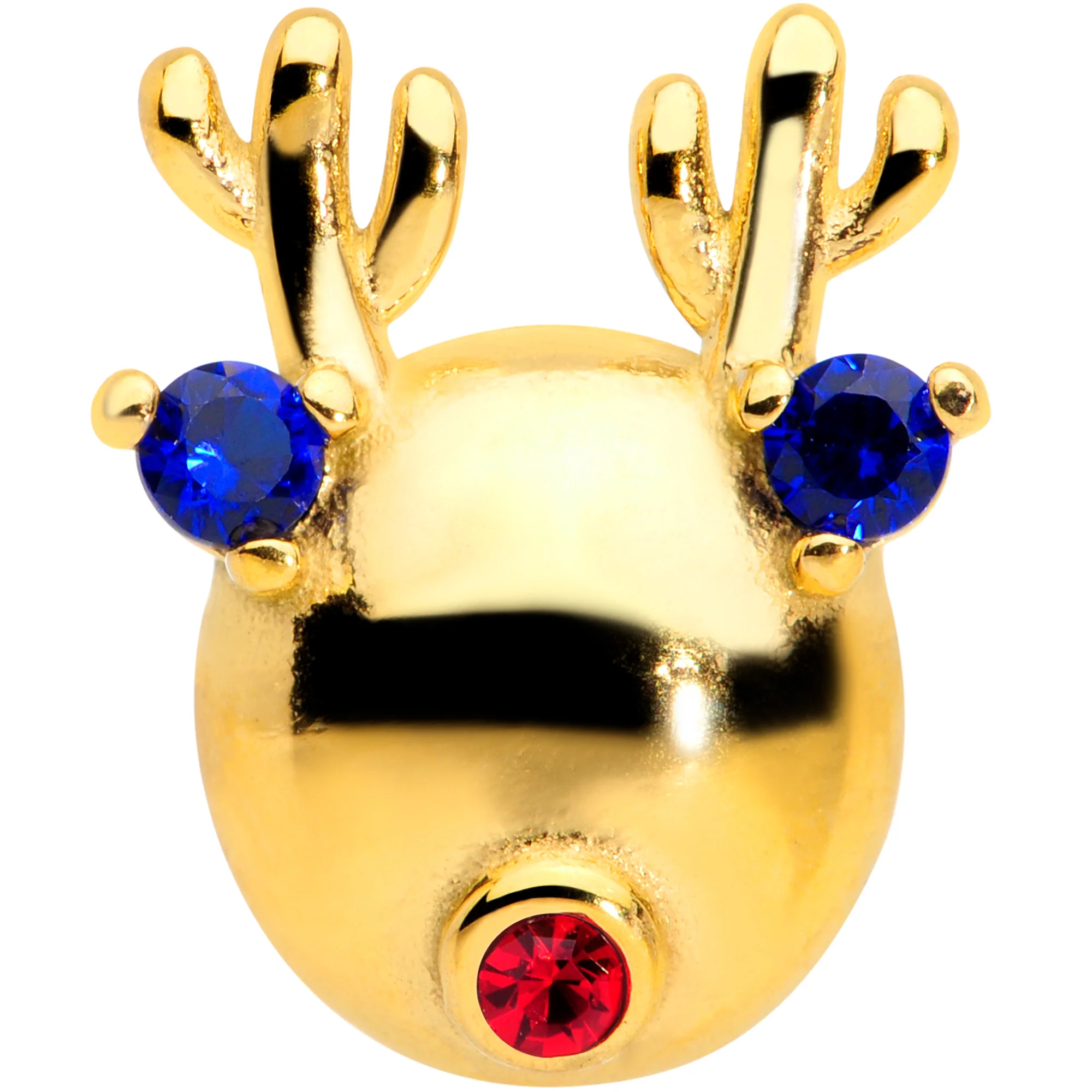 Blue Red CZ Gem Gold Tone Reindeer Christmas Barbell Tongue Ring - Image 2