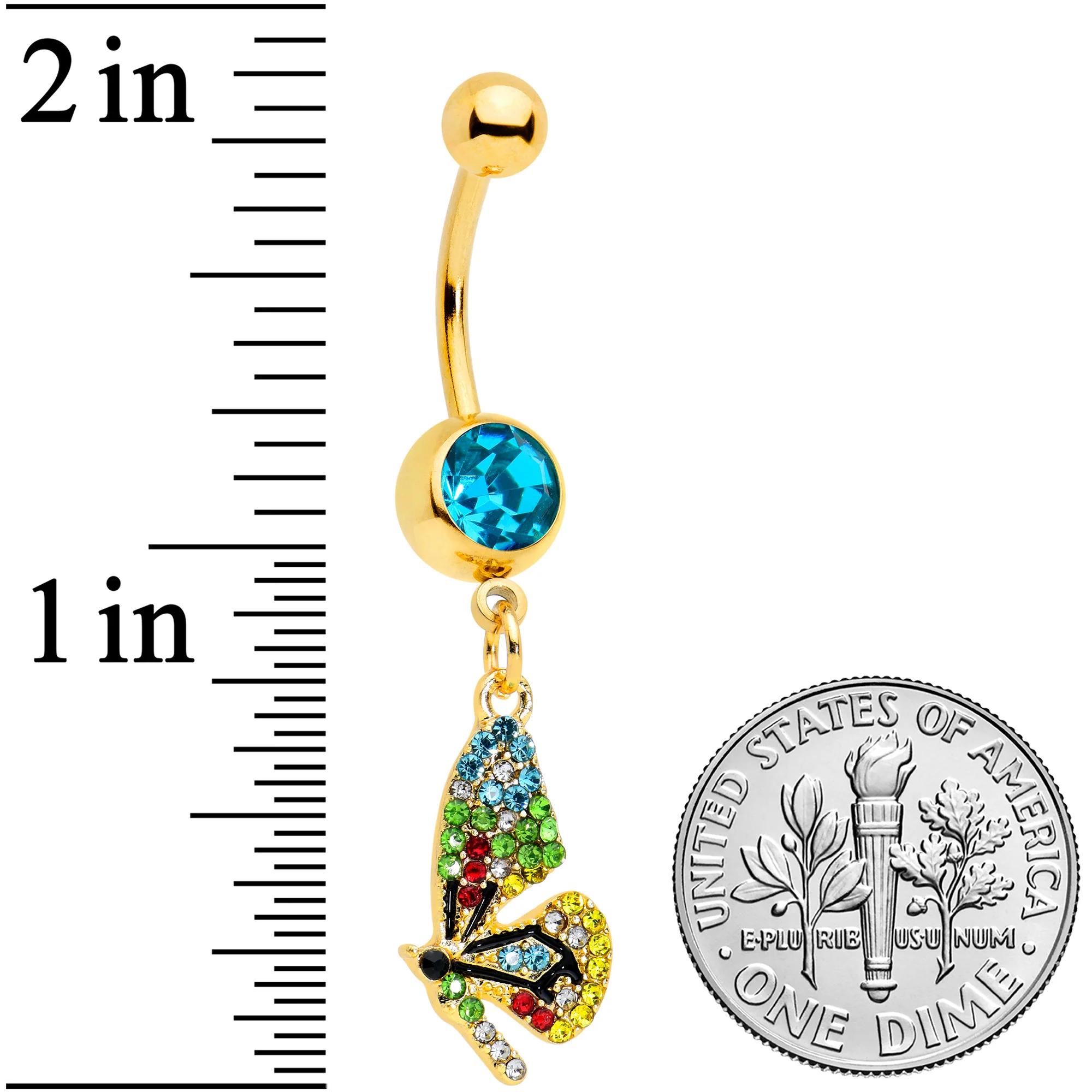 Blue Red Green Gem Gold Tone Glitzy Dragonfly Dangle Belly Ring - Image 2