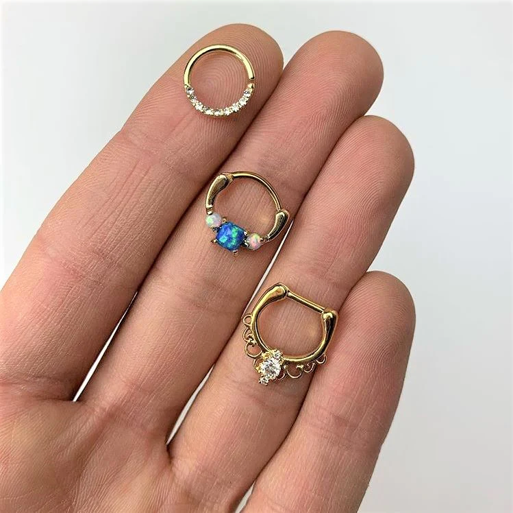 Blue Square Synthetic Opal Gold Tone Anodized Septum Clicker - Image 2
