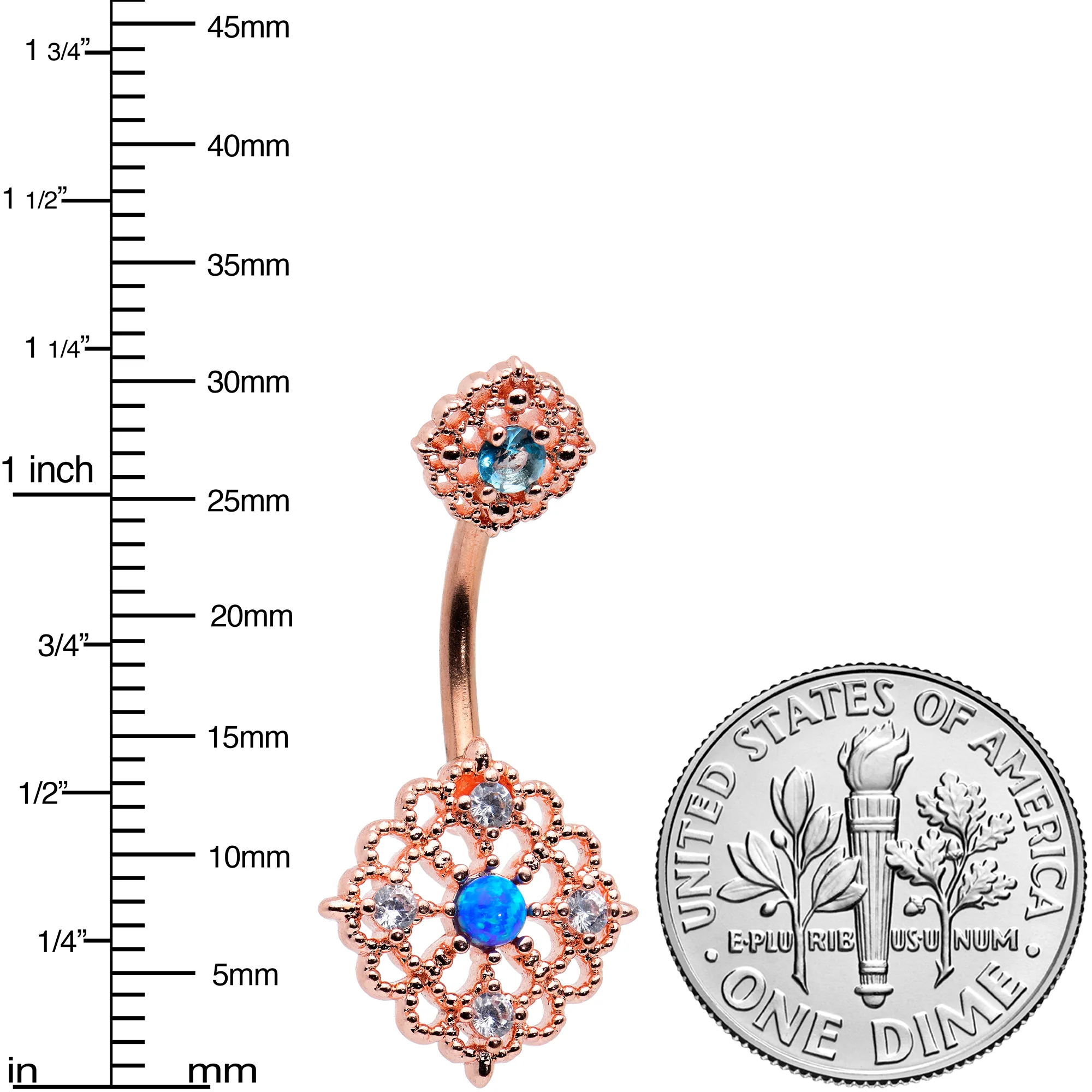 Blue Synthetic Opal Rose Gold Tone Lacy Double Mount Belly Ring - Image 2