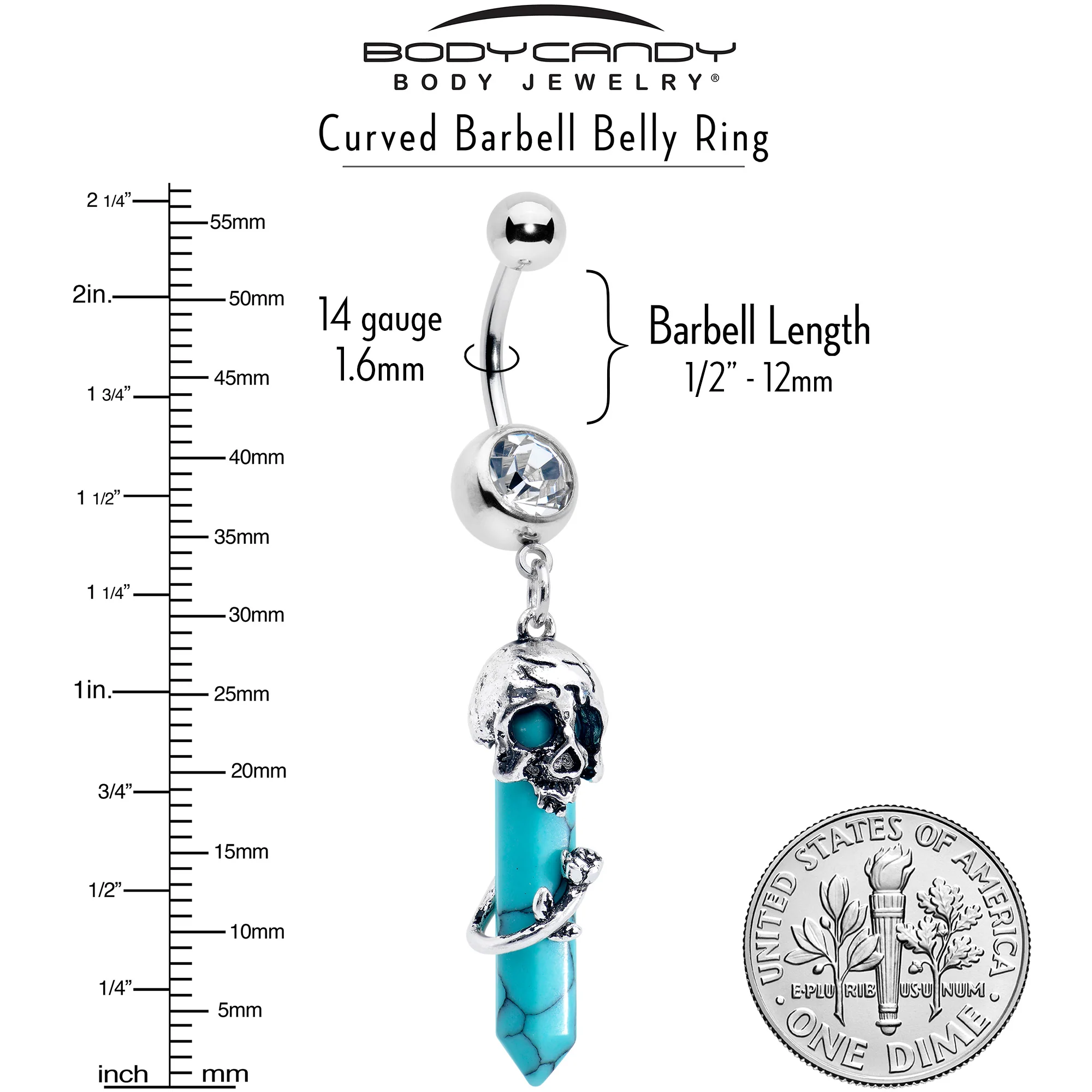 Blue Turquoise Skull Obelisk Rose Dangle Belly Ring - Image 6