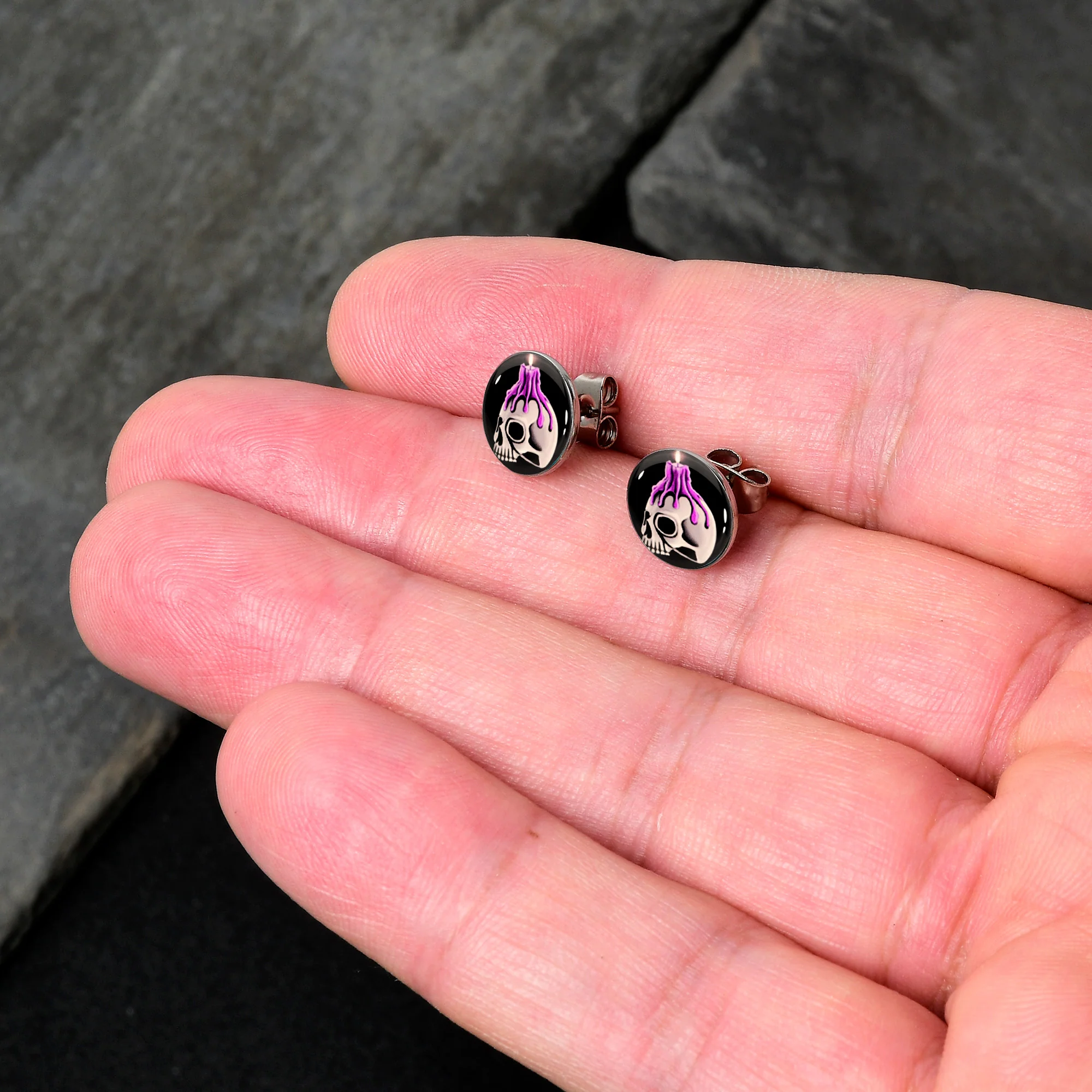 Burning Skull Candle Stud Earrings by Onyx O - Image 2