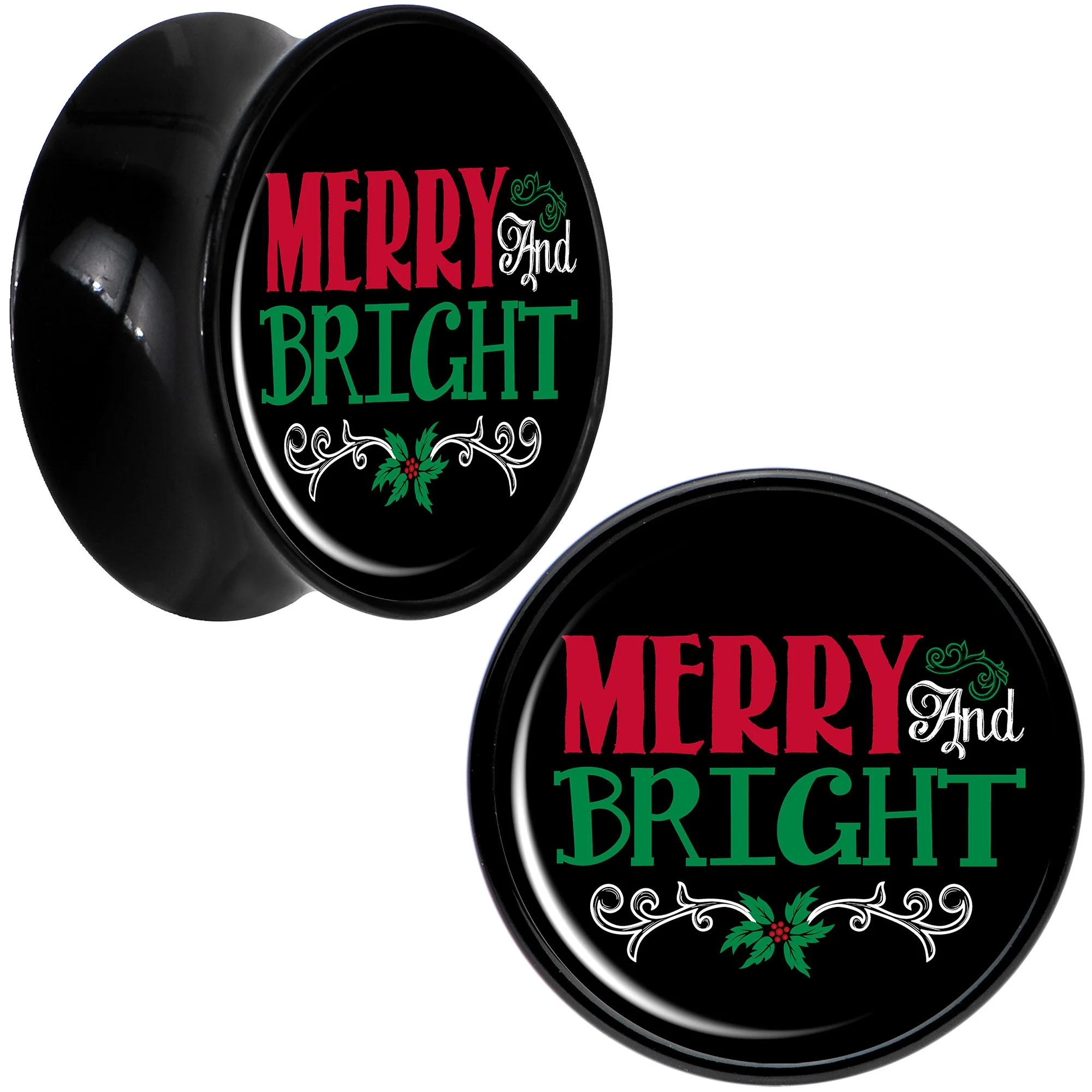 Christmas Merry and Bright Black Acrylic Saddle Plug Set Sizes 8mm to 20mm - Image 4