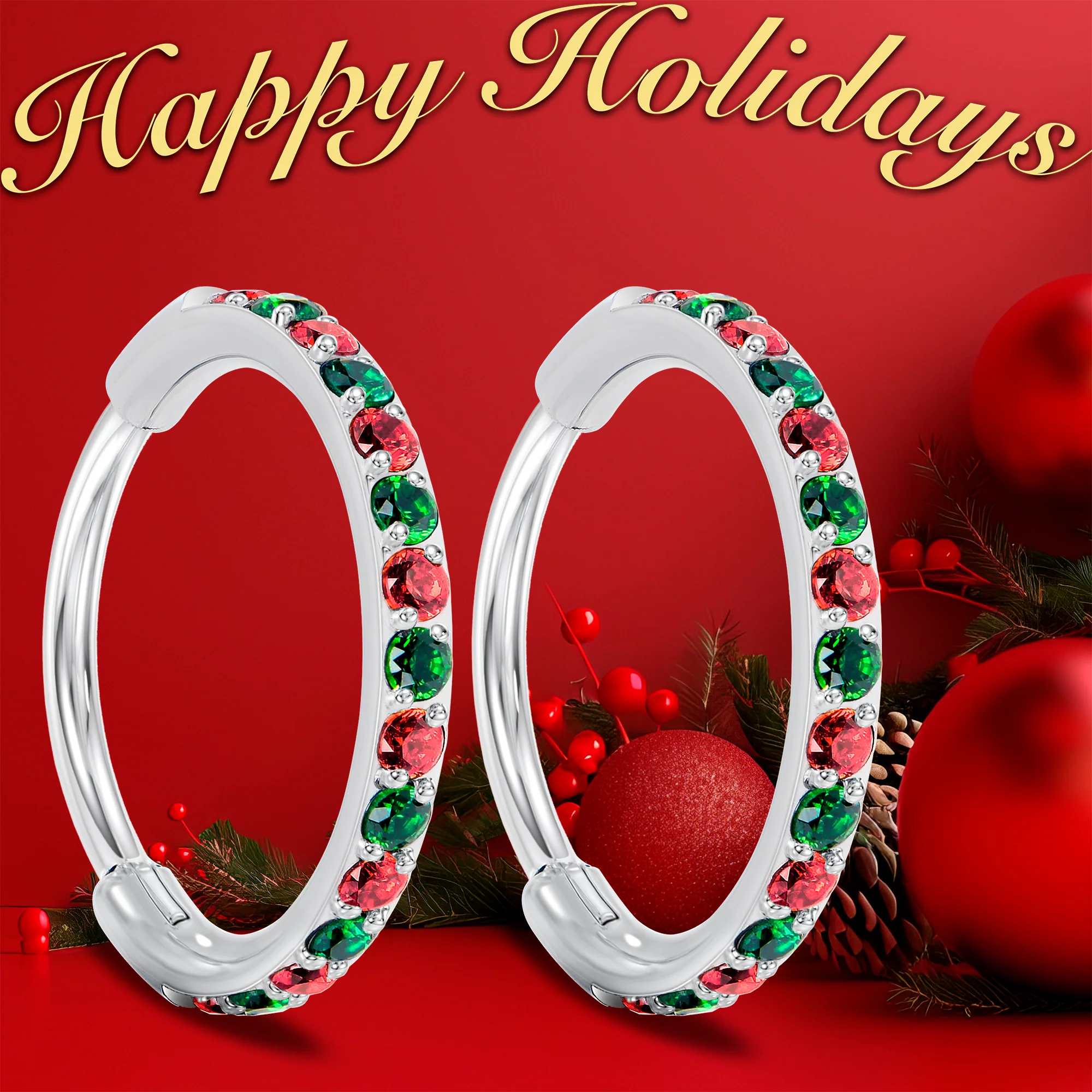 Christmas Red Green CZ Titanium Hinged Hoop Earrings - Image 3