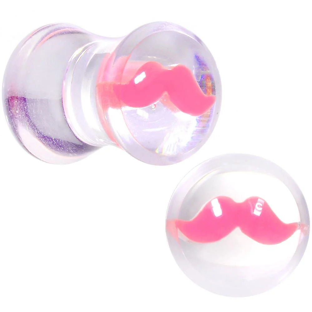 Clear Acrylic Pink Mustache Double Flare Saddle Plug Set 2G to 20mm - Image 5