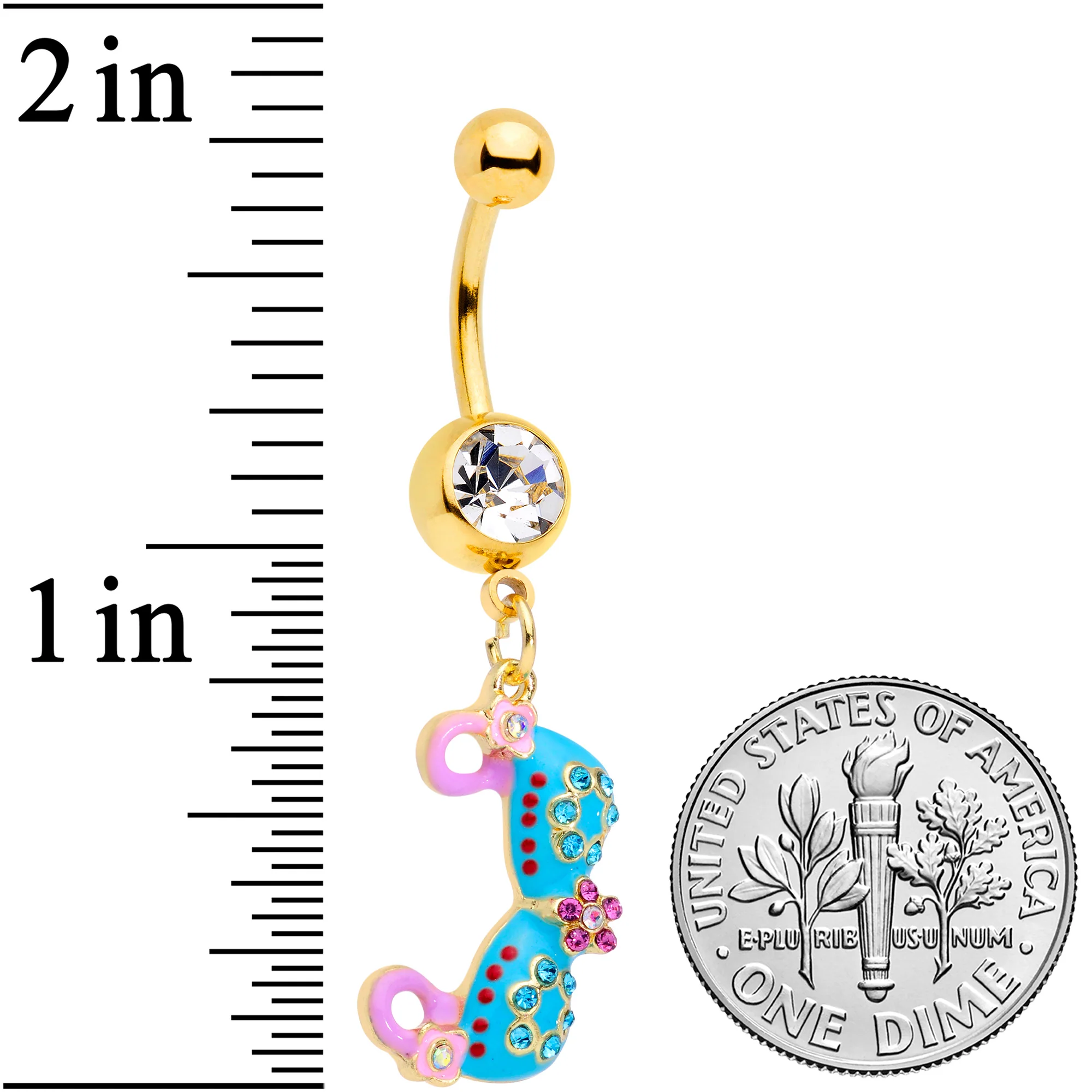 Clear Aqua Pink Gem Gold Tone Bikini Top Dangle Belly Ring - Image 2