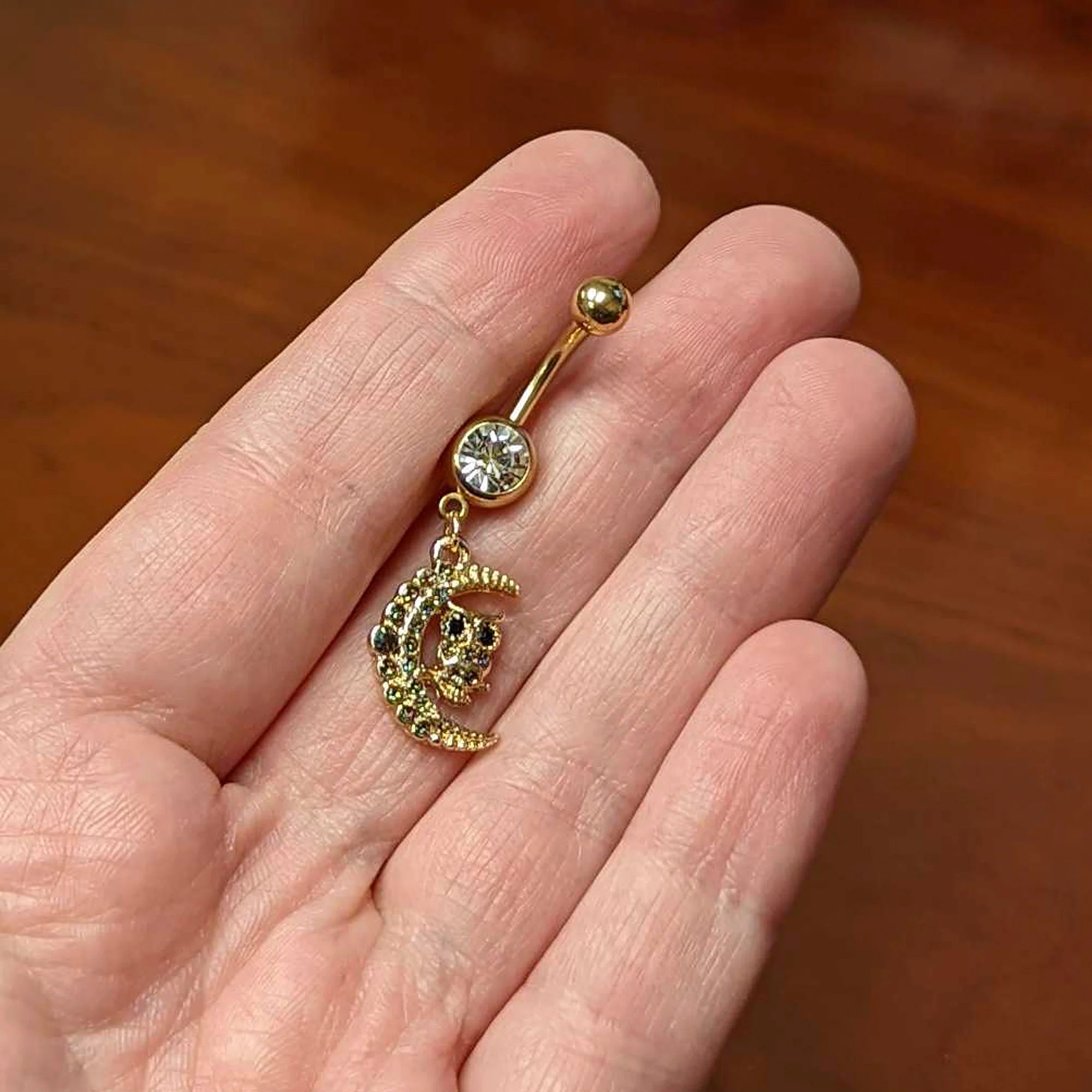 Clear Aurora Black Gem Gold Tone Owl Moon Dangle Belly Ring - Image 3