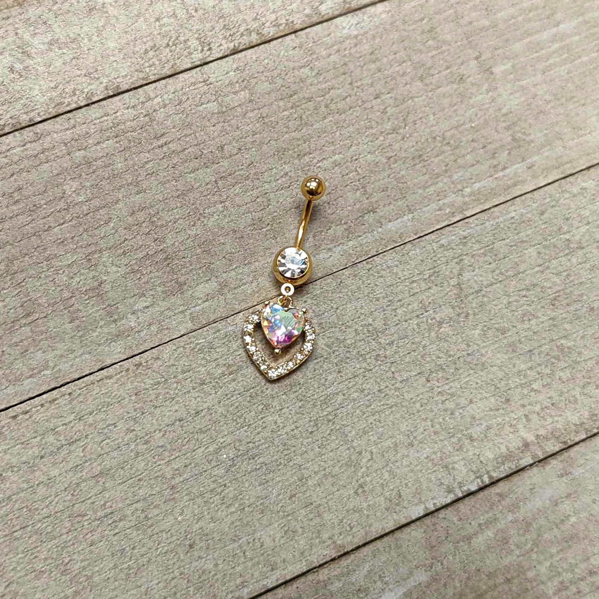 Clear Aurora Gem Gold Tone Rococo Heart Dangle Belly Ring - Image 4