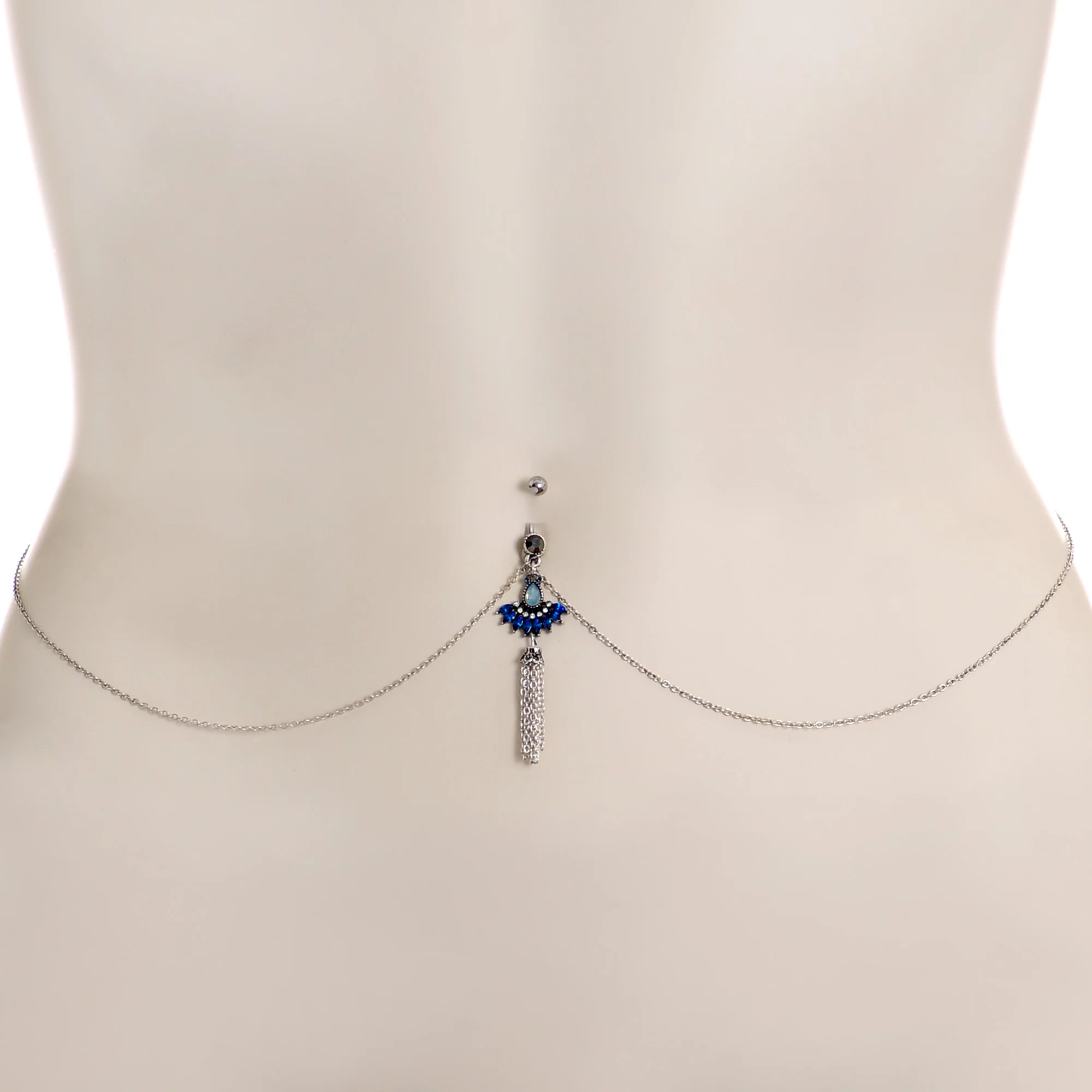 Clear Black Blue Gem Tropic Fan Dangle Belly Ring Belly Chain - Image 3