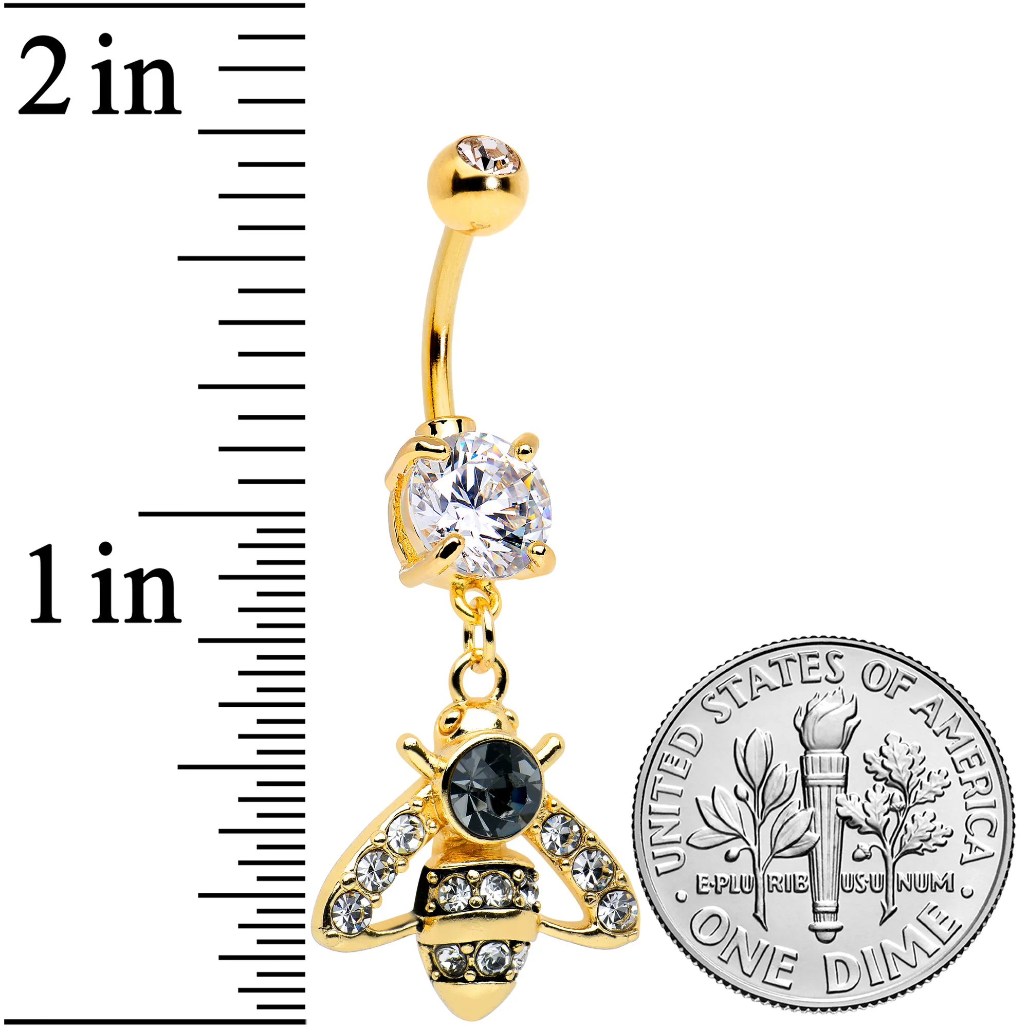 Clear Black Gem Gold Tone Angular Bee Dangle Belly Ring - Image 2