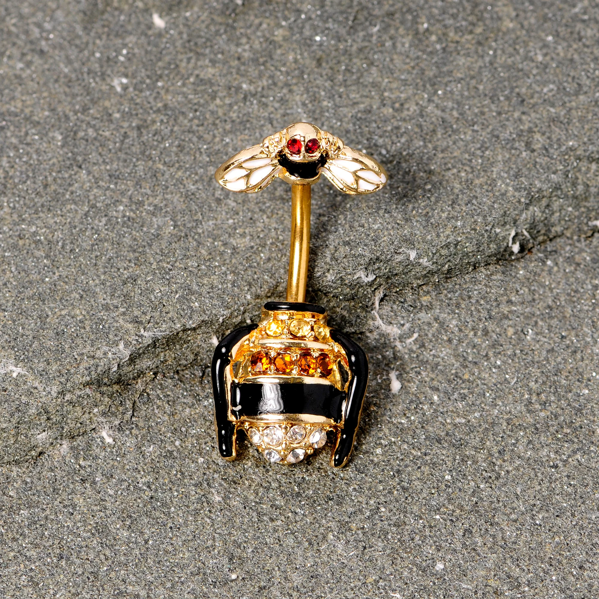 Clear Black Yellow Gem Gold Tone Bee Double Mount Belly Ring - Image 2