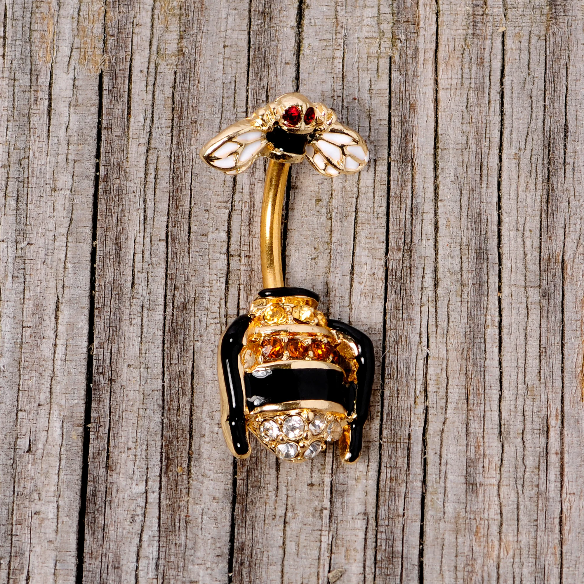 Clear Black Yellow Gem Gold Tone Bee Double Mount Belly Ring - Image 4