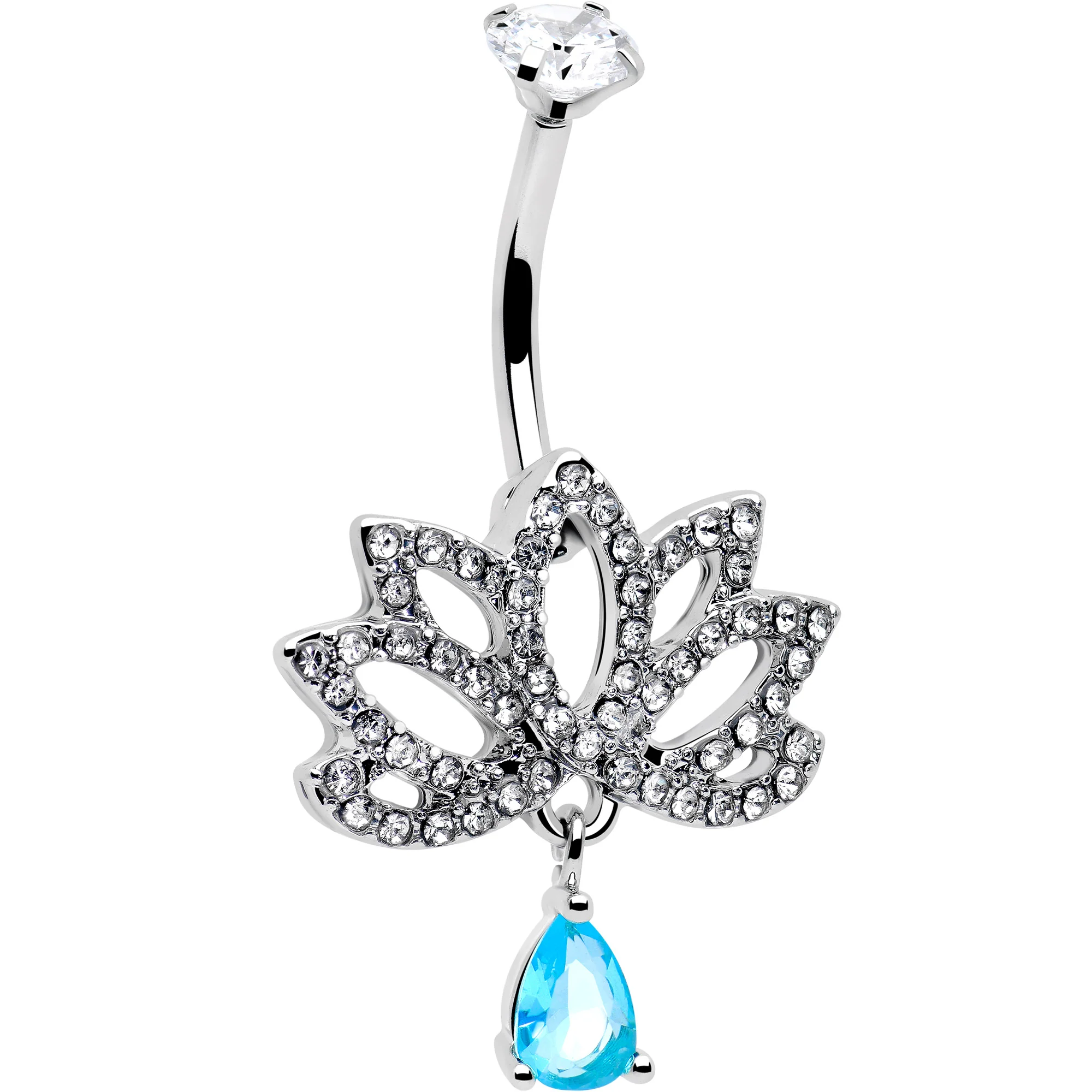 Clear Blue CZ Gem Fashion Flower Lotus Flower Dangle Belly Ring - Image 2