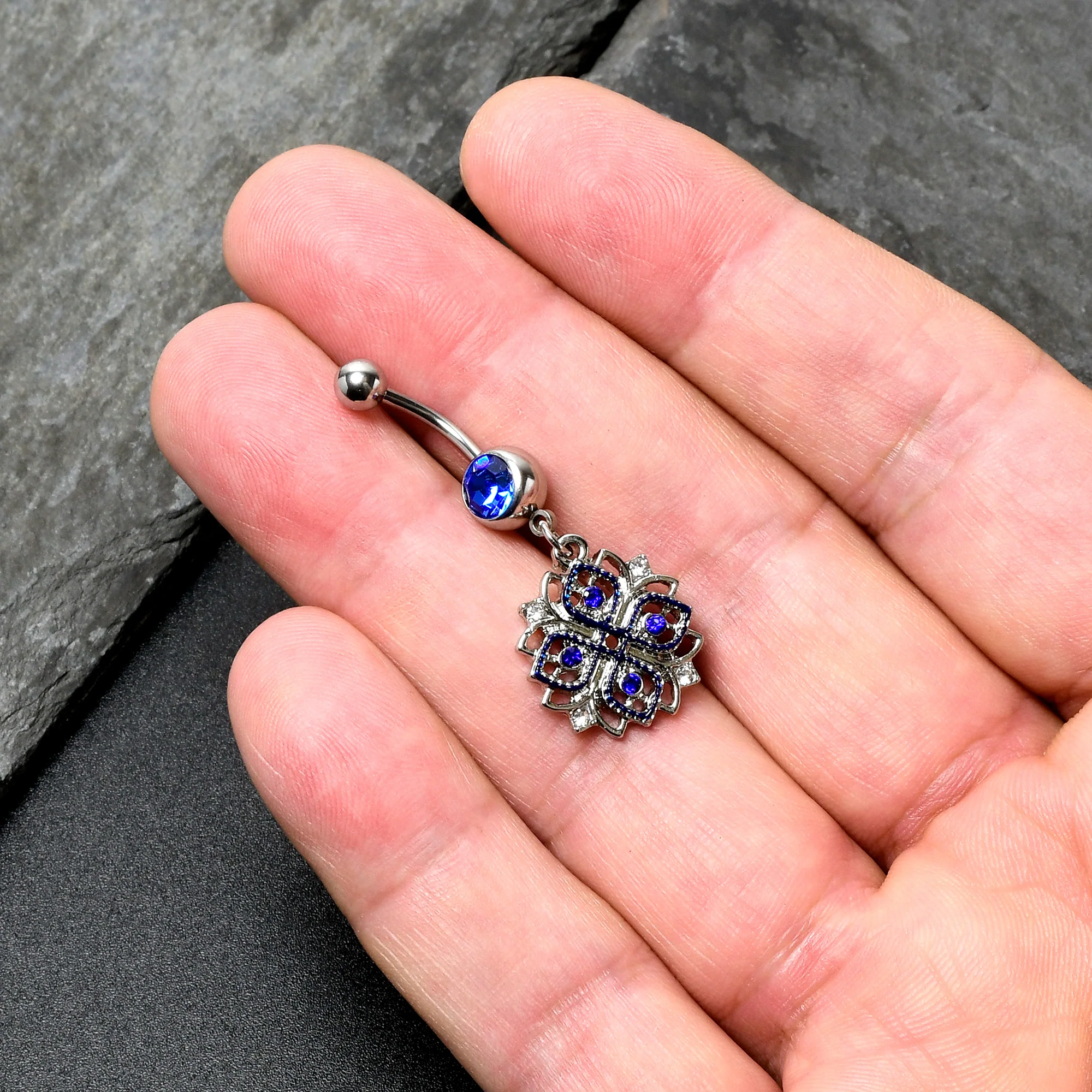 Clear Blue Gem Embellished Cross Dangle Belly Ring - Image 7