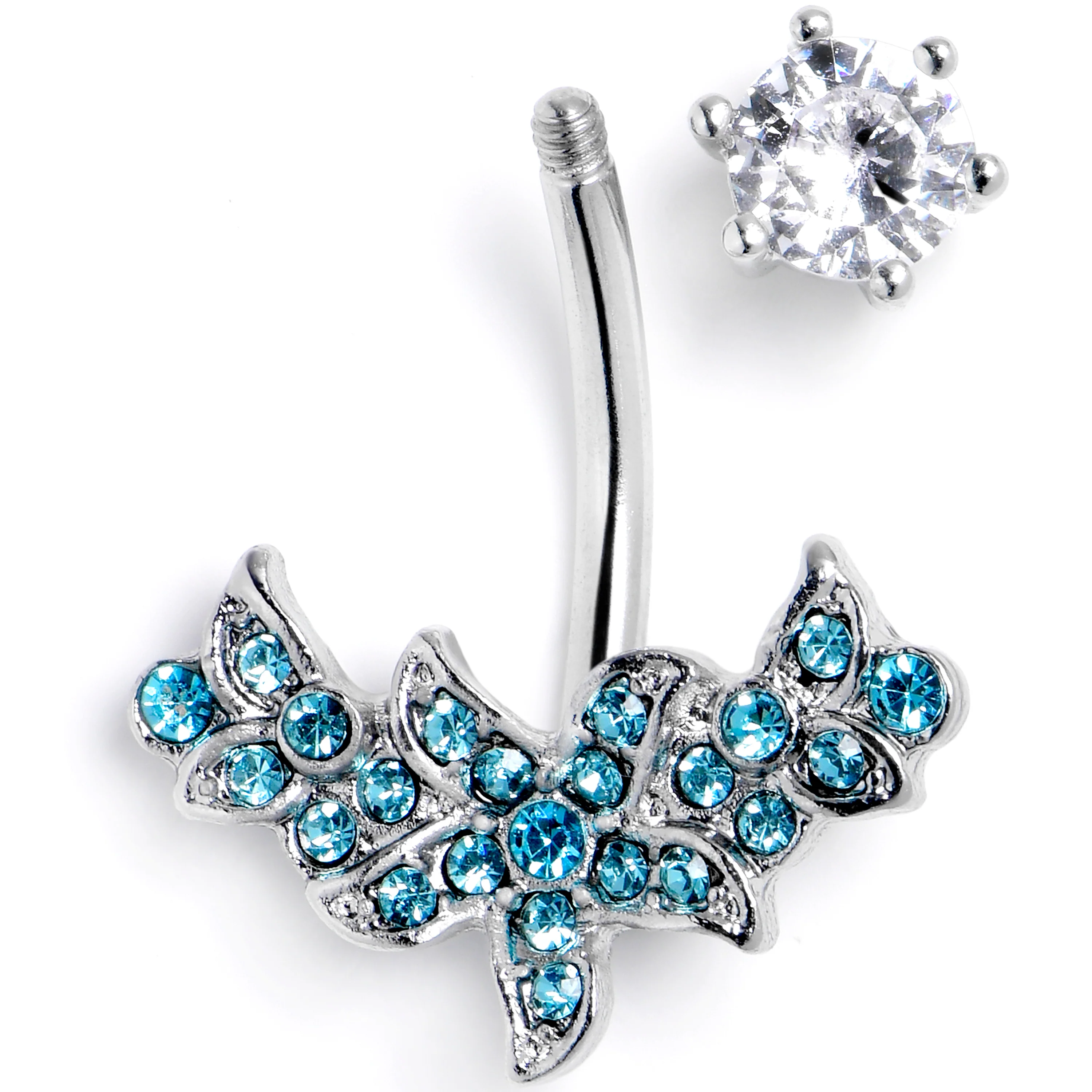 Clear Blue Gem Flower Garland Double Mount Belly Ring - Image 2