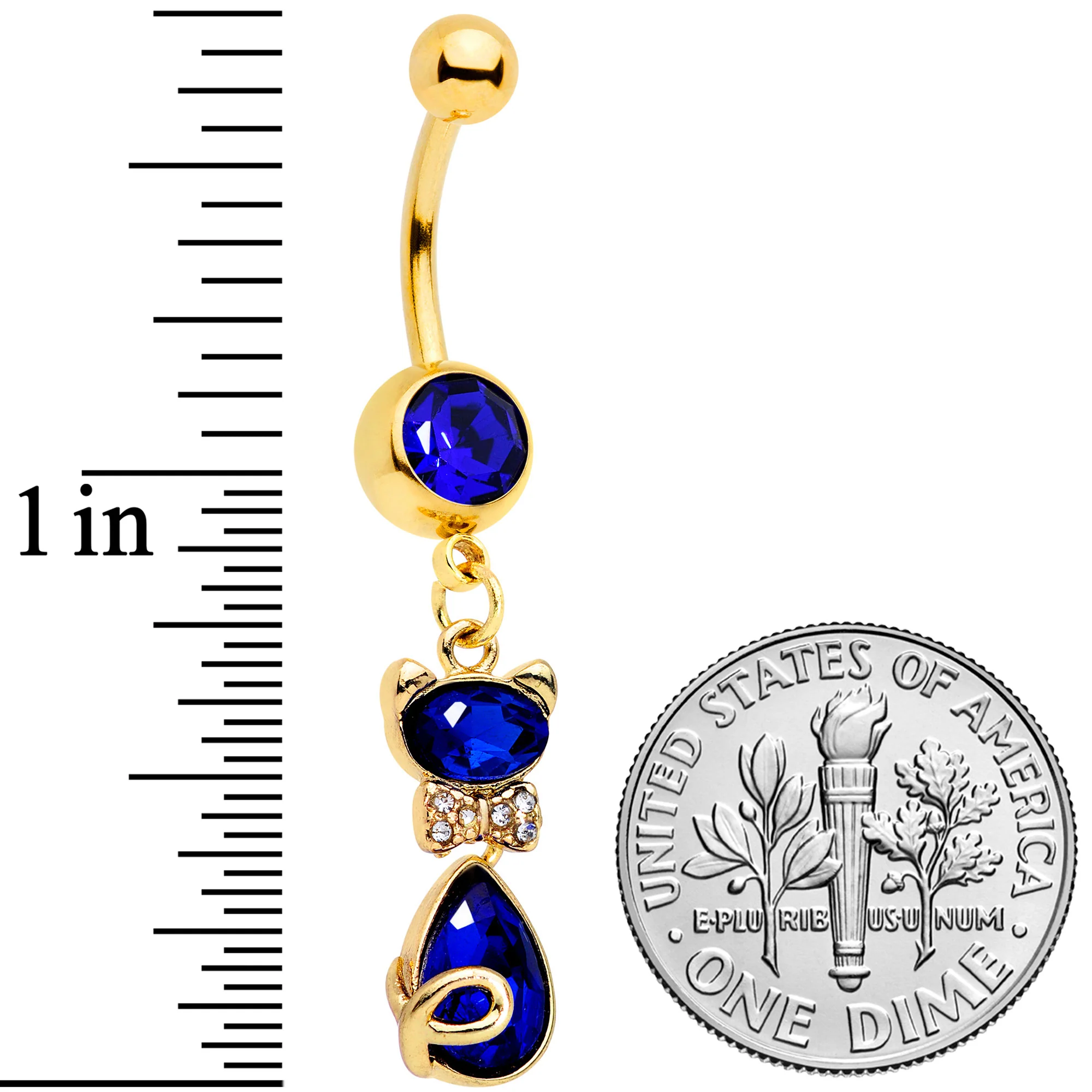 Clear Blue Gem Gold Tone Classy Cat Dangle Belly Ring - Image 2