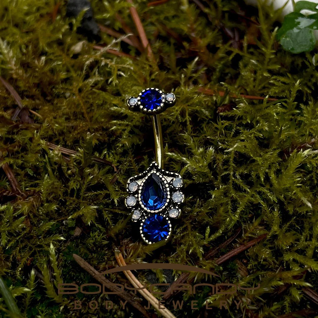 Clear Blue Gem Gold Tone Heirloom Oval Belly Ring - Image 2